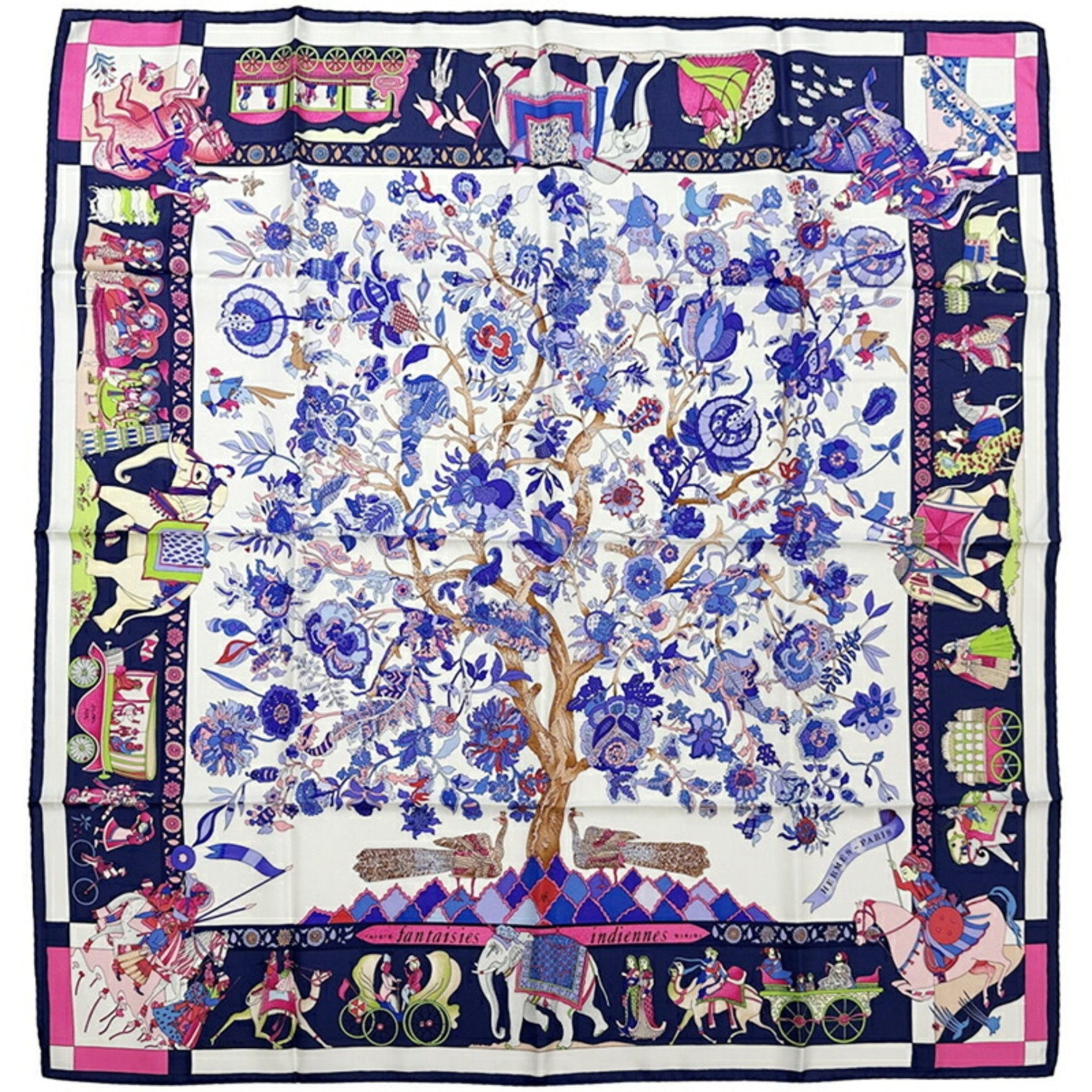 Hermes Scarf Muffler Carre 90 Fantaisies indiennes Dazzling India Silk Navy Pink White Blue Animal Horse Statue Plant