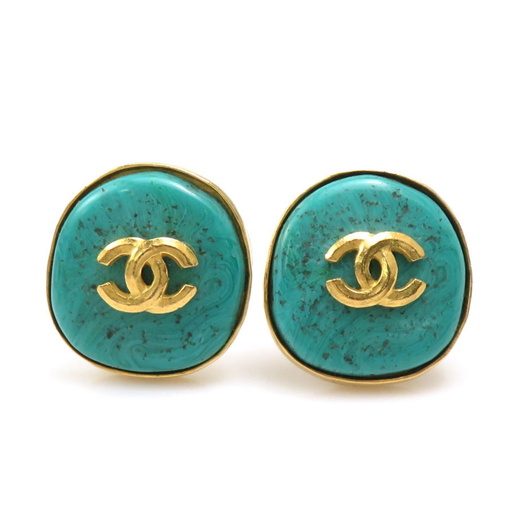 CHANEL Coco Mark Metal Stone Earrings, Gold, Turquoise Blue, Women's, e60804i