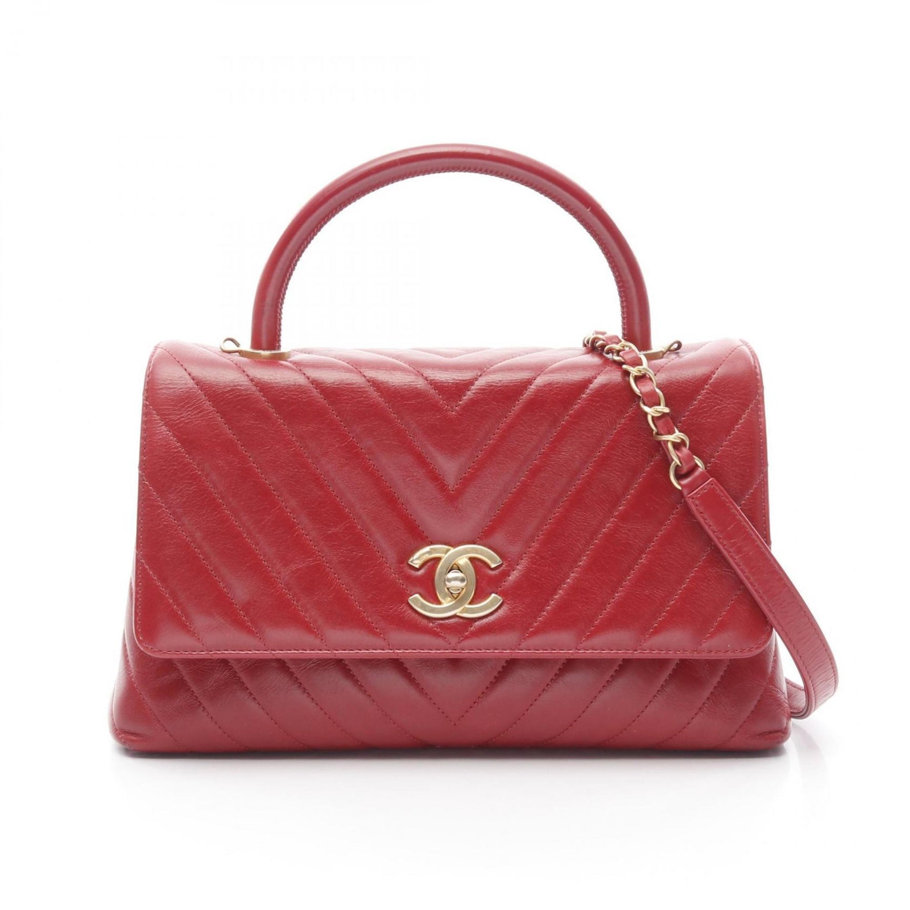 CHANEL Coco Handle 29 Flap V Stitch Chevron Handbag Leather Red