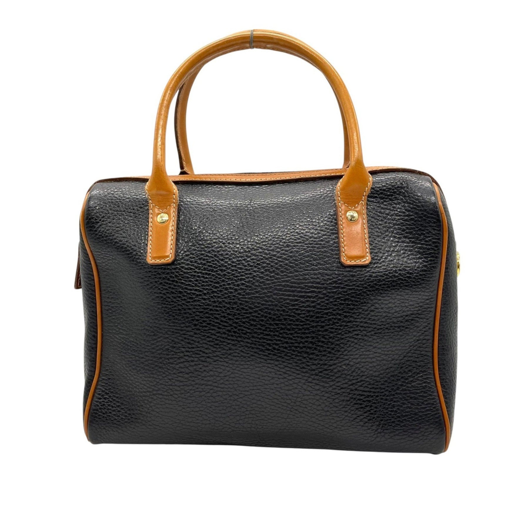Celine Boston bag style leather handbag in black and brown with gold hardware.