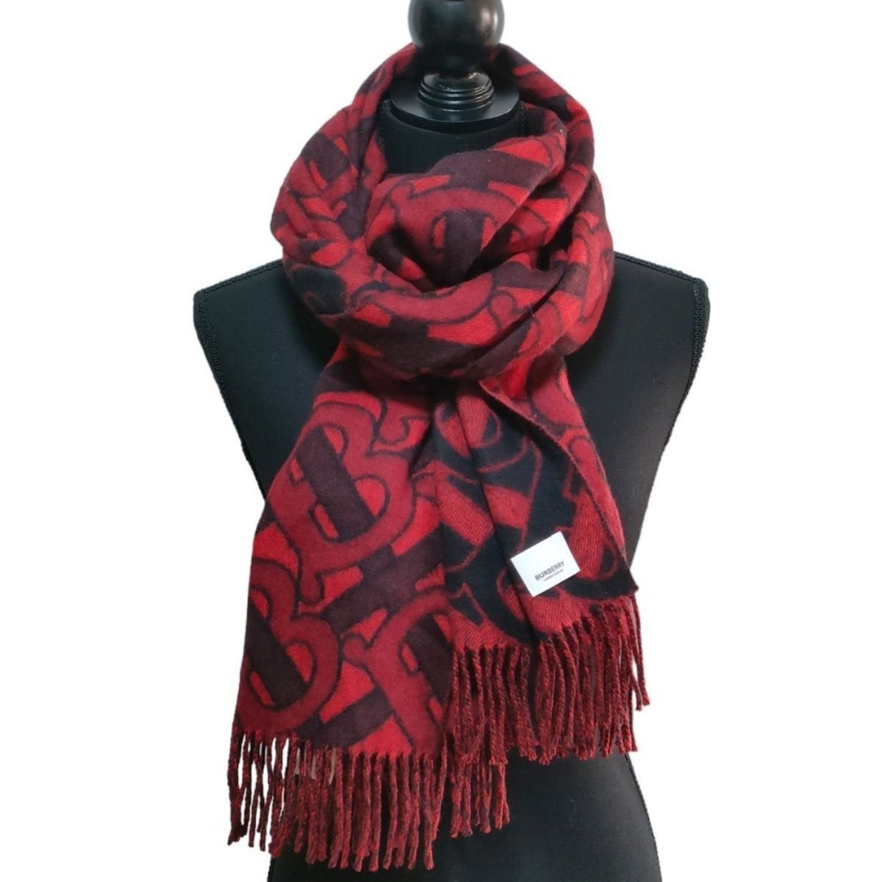 BURBERRY 100% Cashmere TB Monogram Jacquard Fringe Long Stole Scarf Red x Black Women's