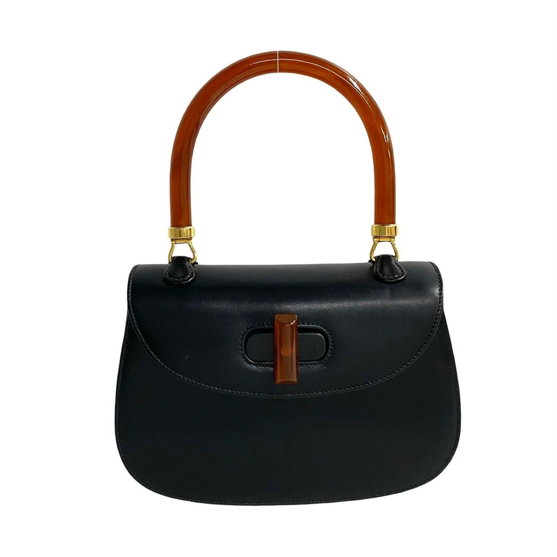 GUCCI Old Gucci Turnlock Leather Genuine Handbag Mini Tote Bag Black