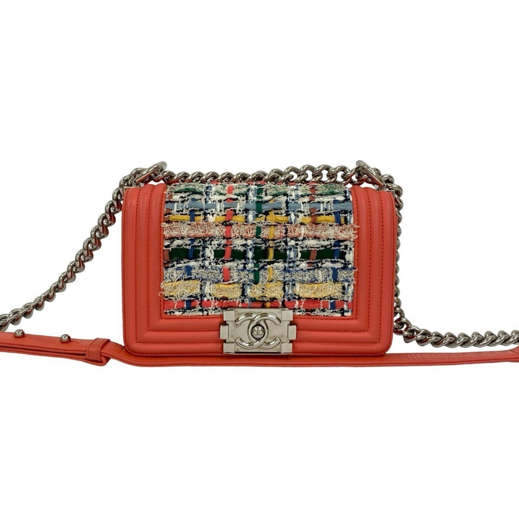 CHANEL Boy Leather Tweed Shoulder Bag in Pink and Multicolor