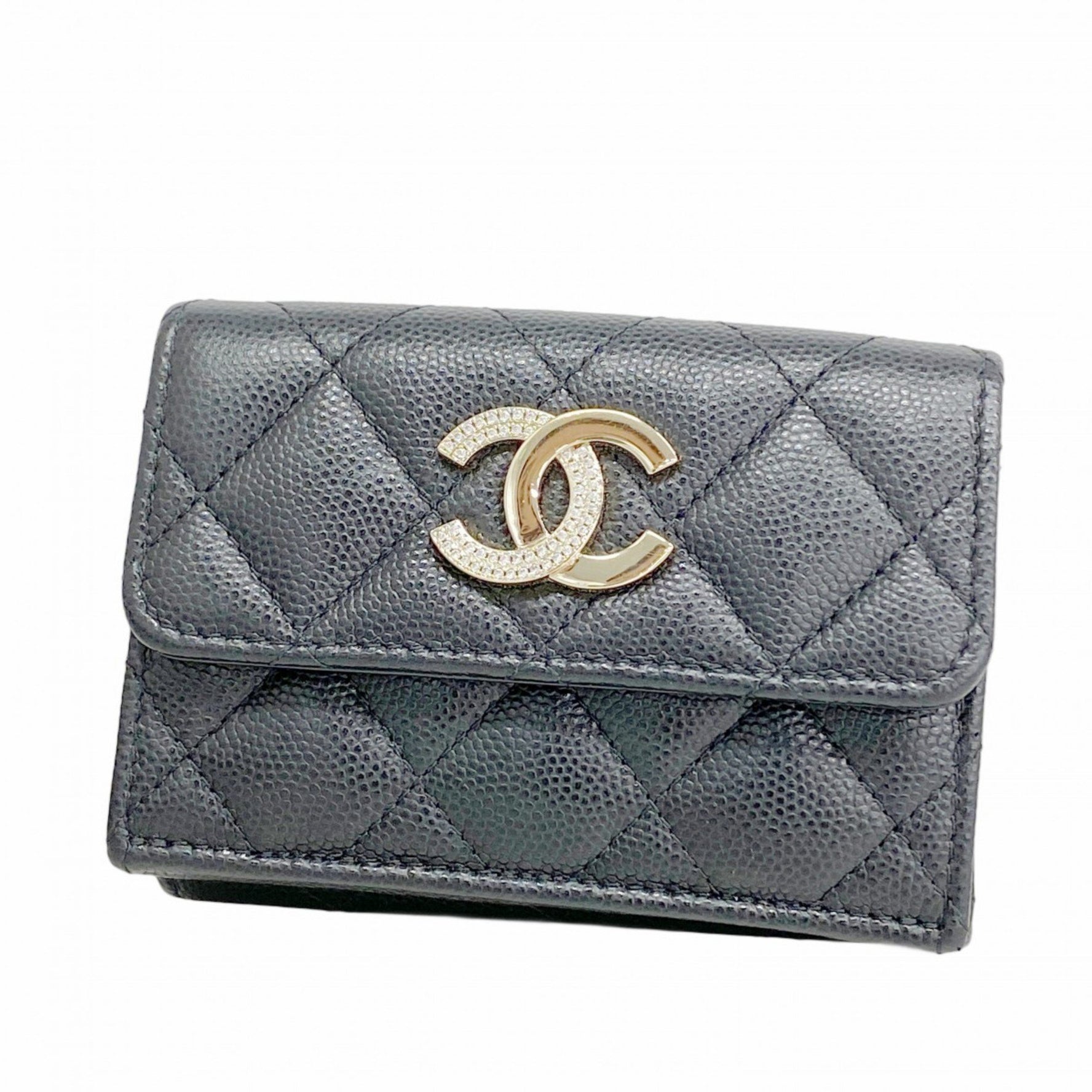 Chanel Matelasse Tri-fold Wallet in Caviar Leather, Black and Champagne, Women's