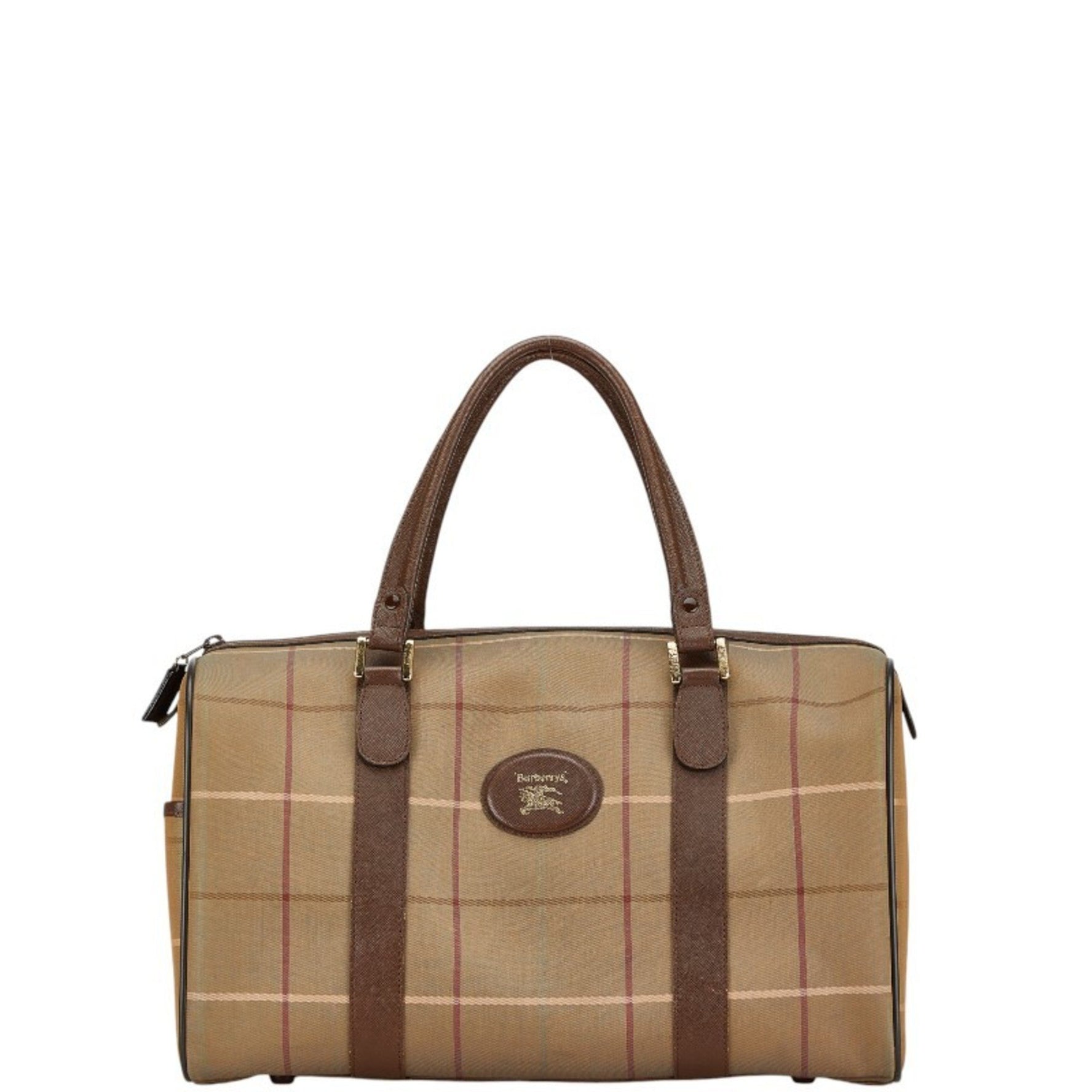 Burberry Check Boston Bag Travel Khaki Green Brown Leather Canvas