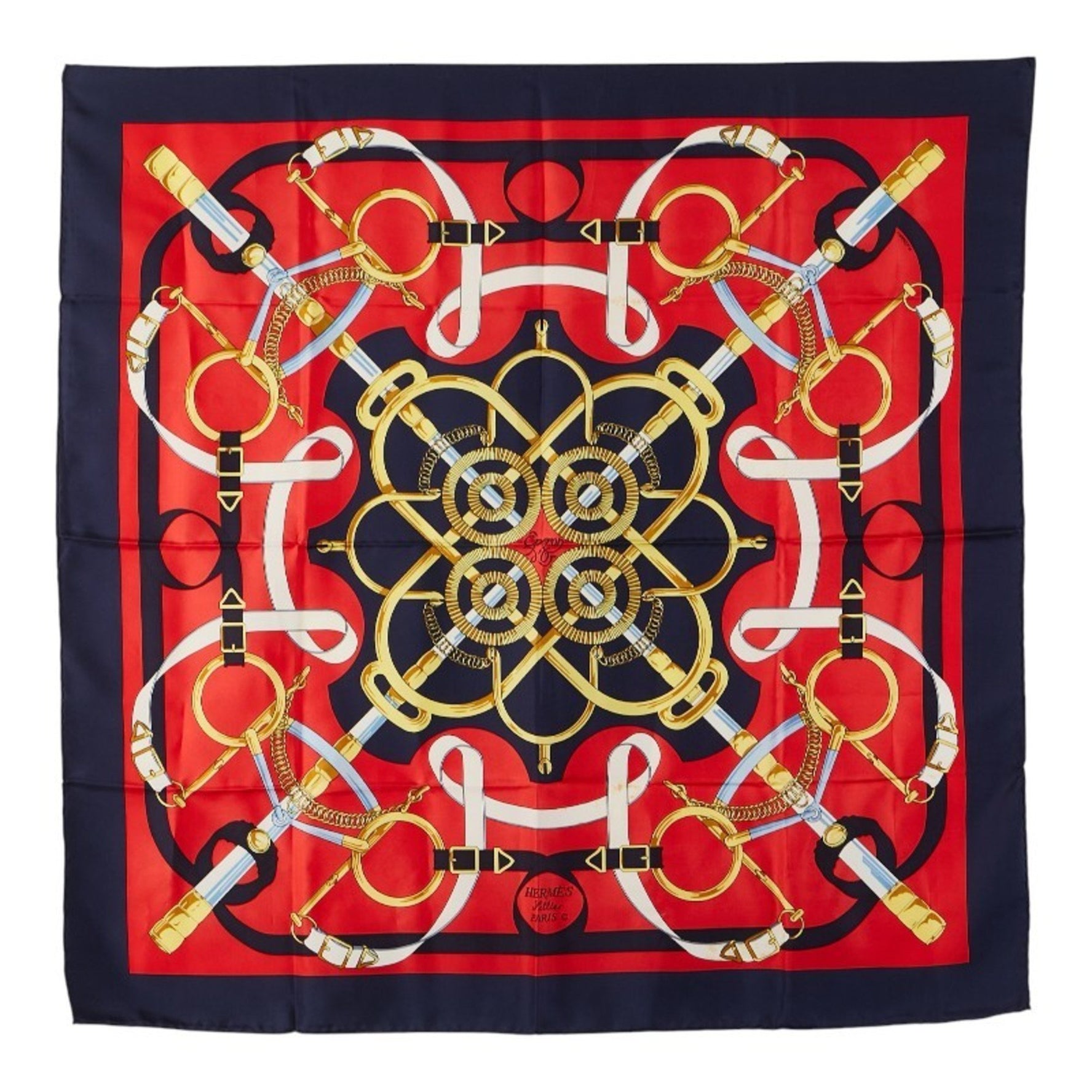 Hermes Hermès Carré 90 Eperon d'or Golden Spur Scarf, Navy, Red, Multicolor, Silk