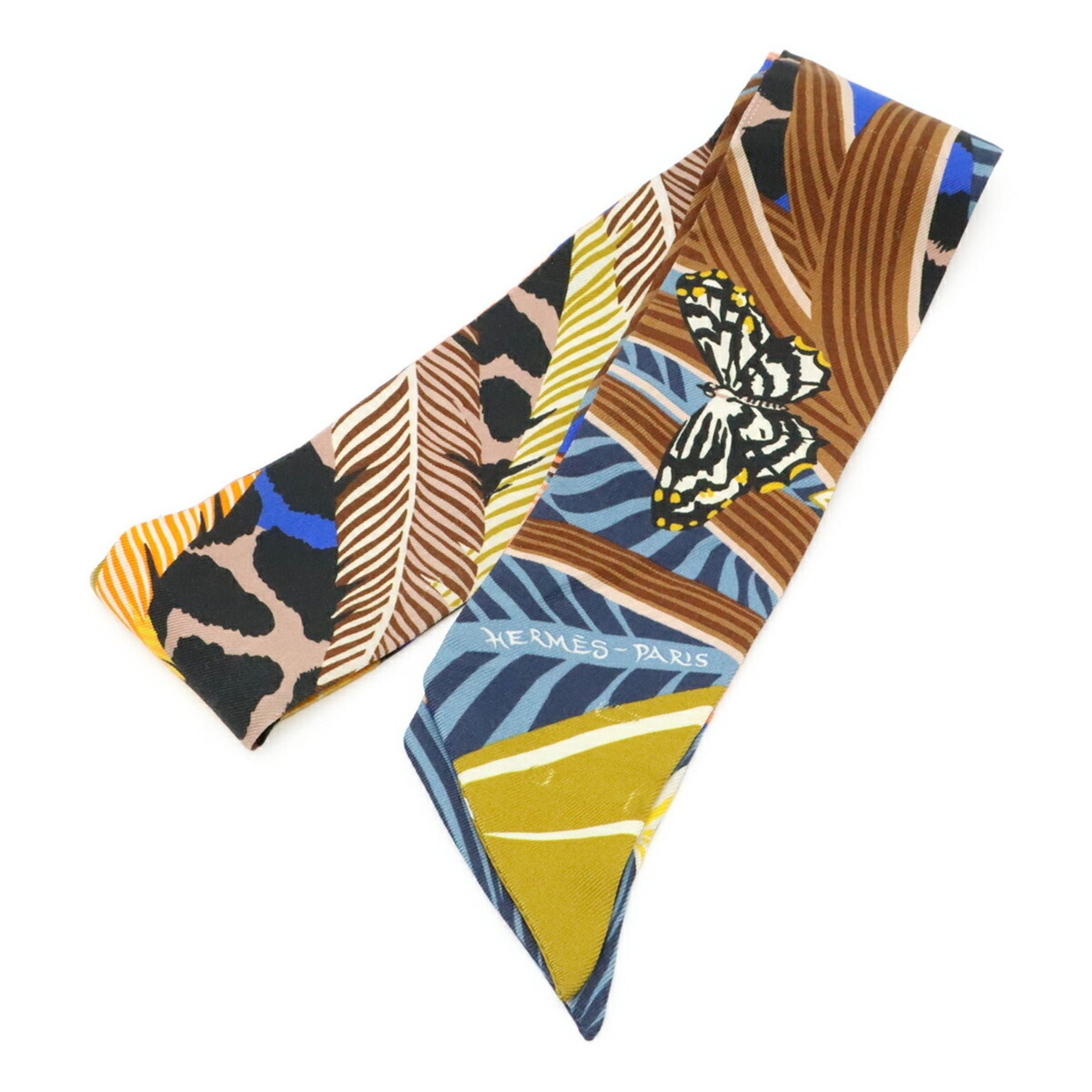 HERMES TWELL Twilly Scarf/Muffler Bag JAGUAR QUETZAL 100% Silk Multicolor