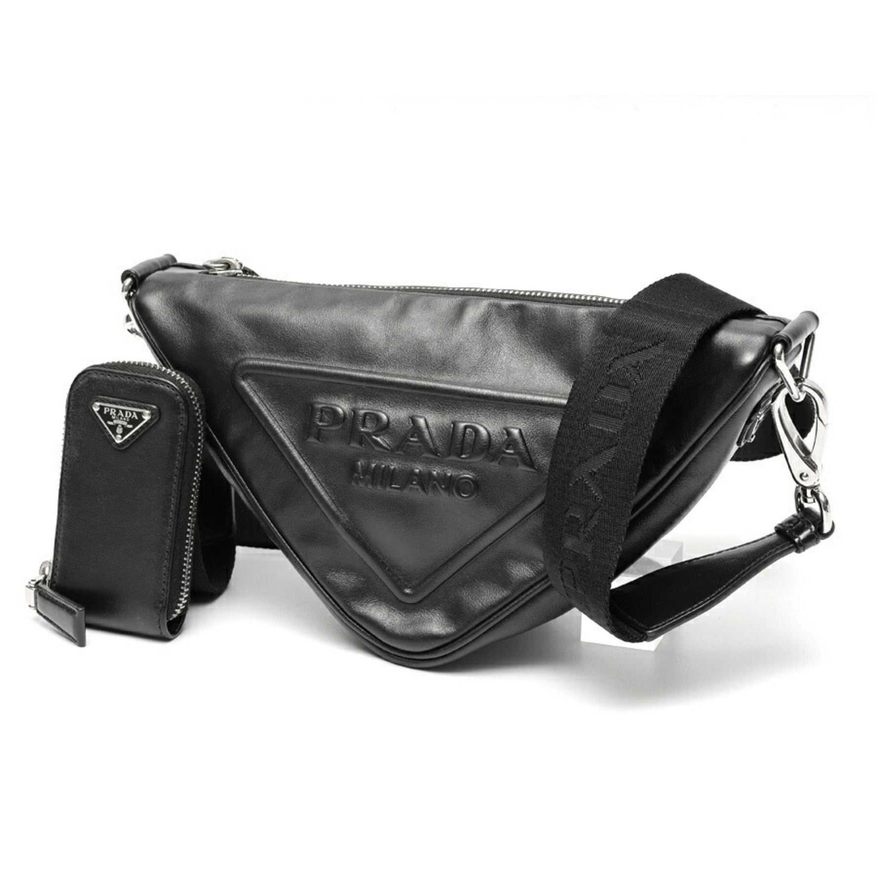 PRADA Triangle Embossed Shoulder Bag Leather