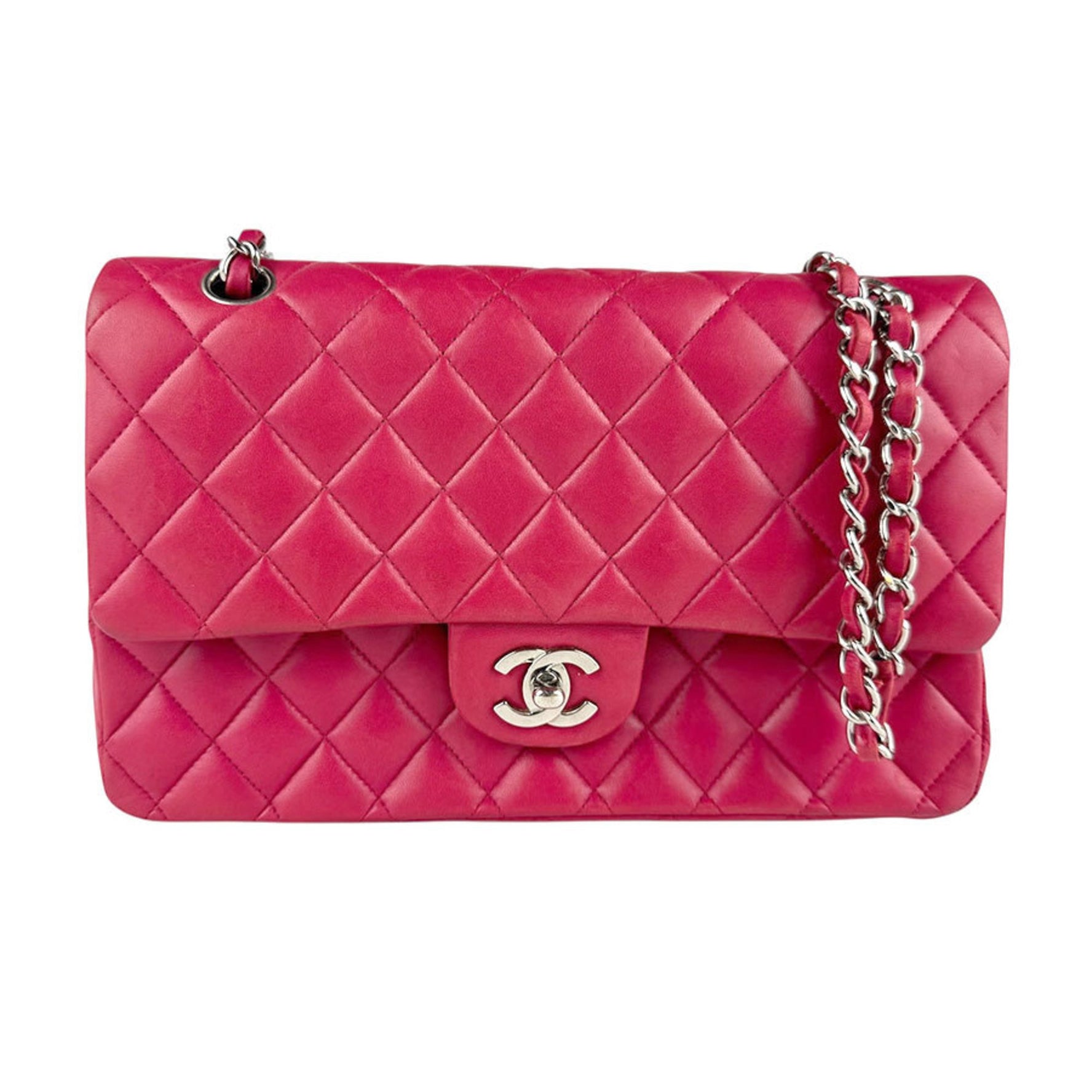 CHANEL Matelasse Shoulder Bag with Double Flap, Leather and Metal, Red Silver