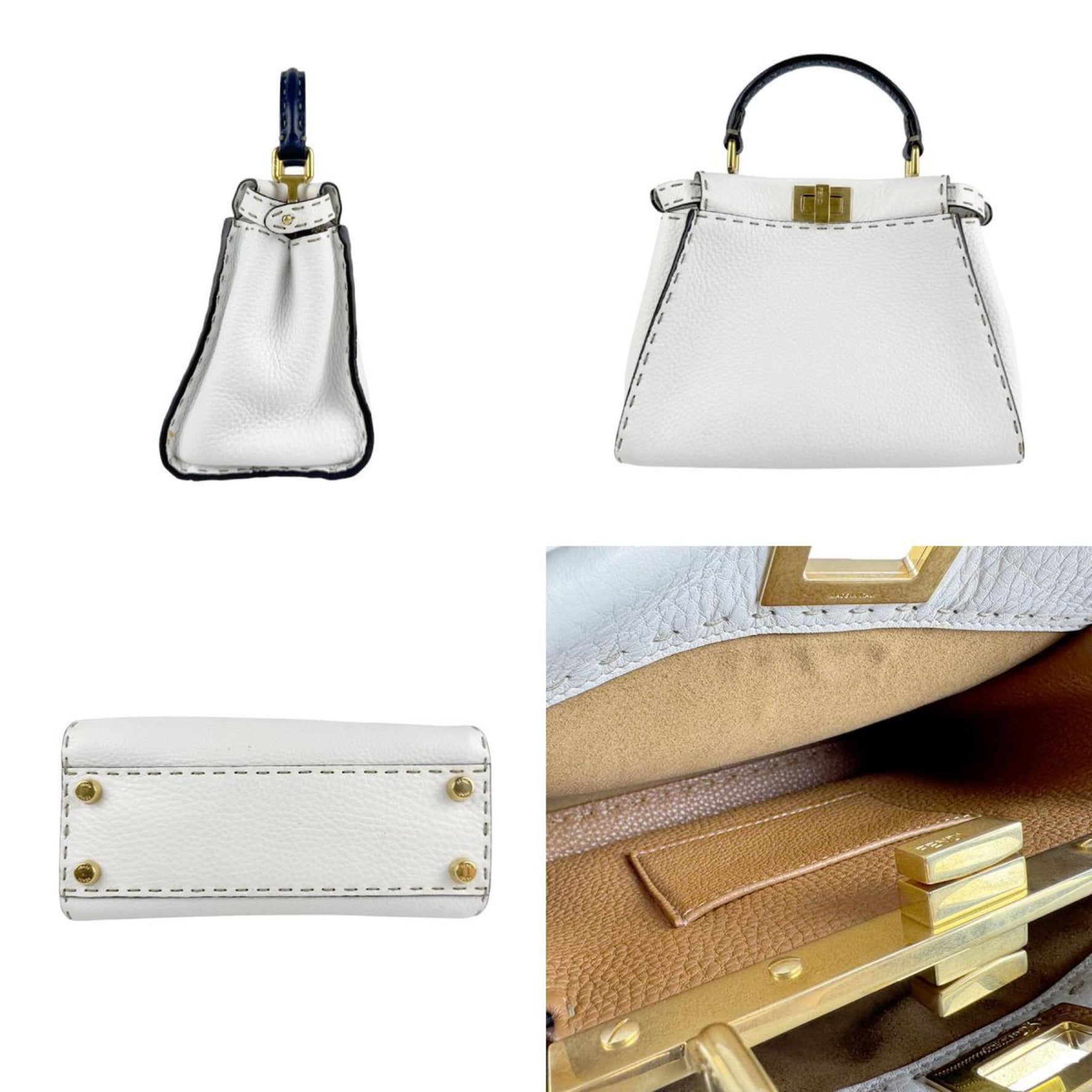 FENDI handbag peekaboo iconic mini leather white navy gold ladies