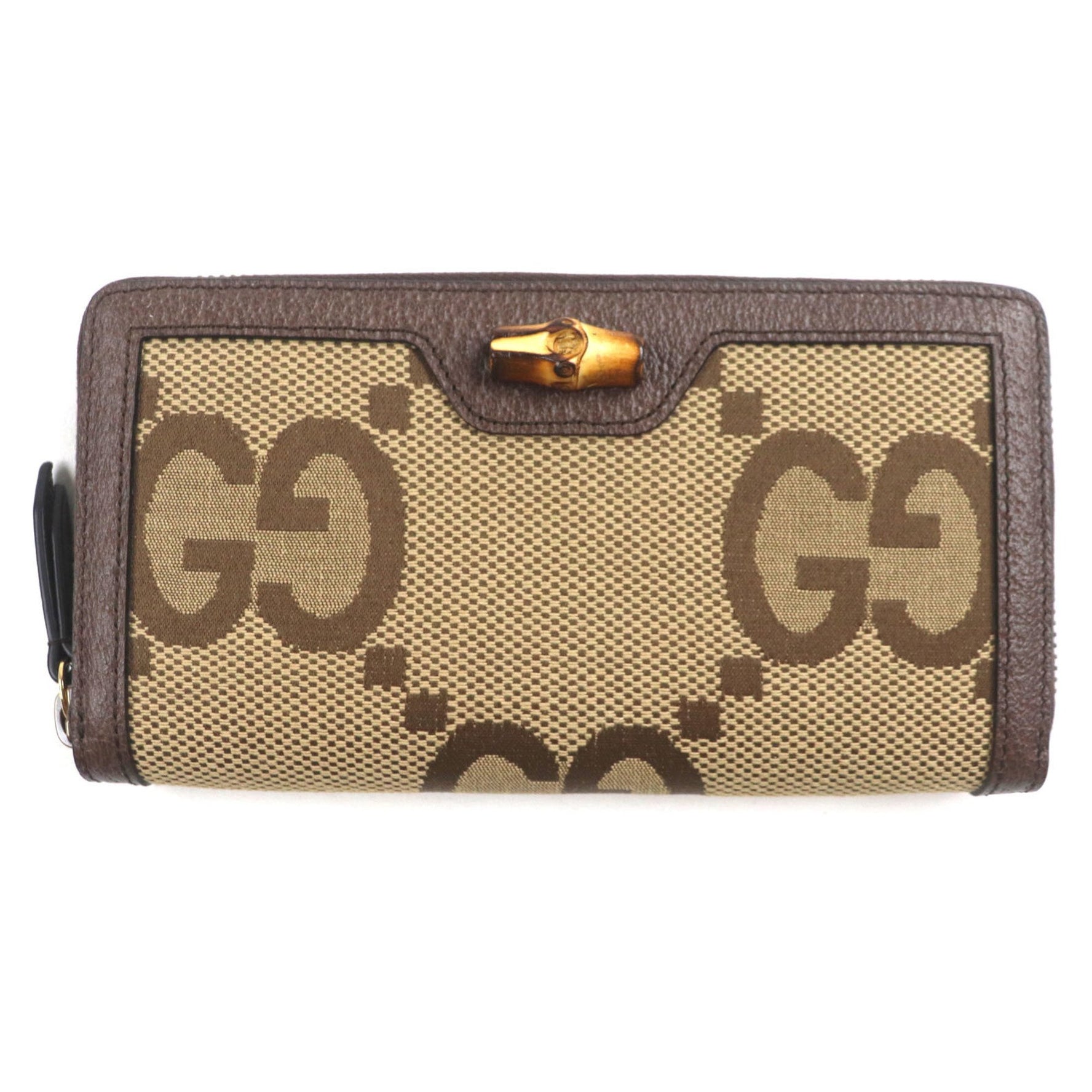 GUCCI Bamboo Jumbo GG Canvas and Leather Round Zip Long Wallet in Beige Brown, Includes Box Dust Bag, Made Italy
