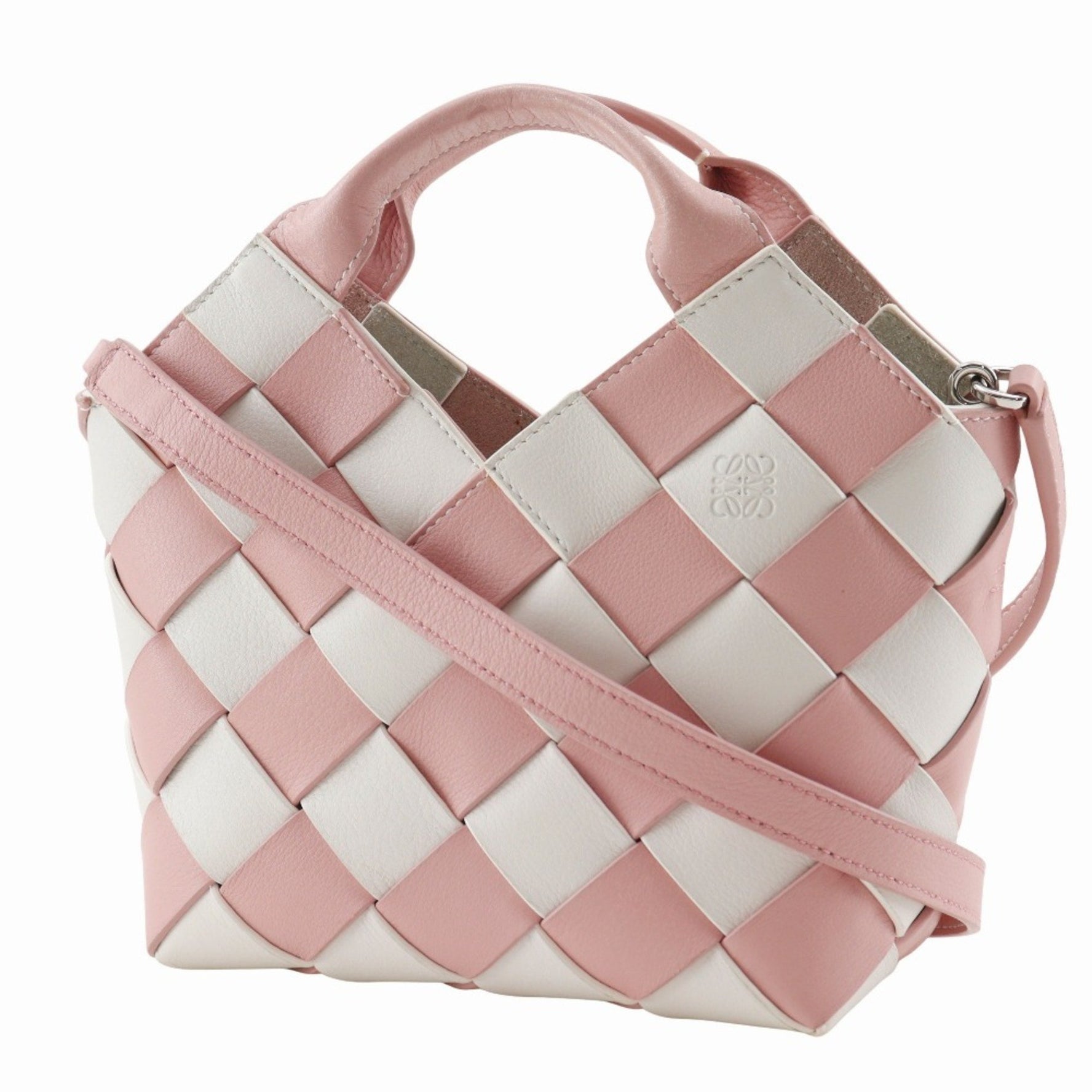 LOEWE Woven Basket Small Handbag in Calfskin, Pink/White