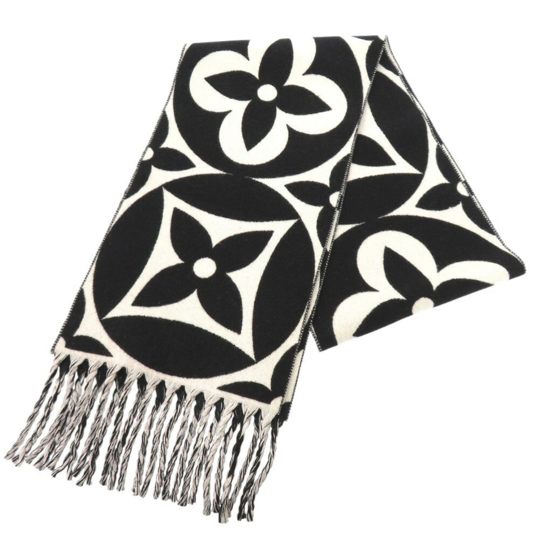 Louis Vuitton Flight Mode Medallion Wool Black White Scarf 1094
