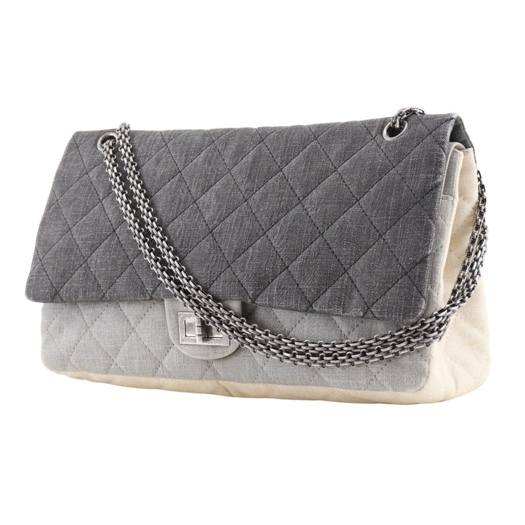 CHANEL 2.55 Chain Shoulder Bag, Matelasse, Double Flap, Tricolore Denim, Made in France, Black/Beige, Turn Lock