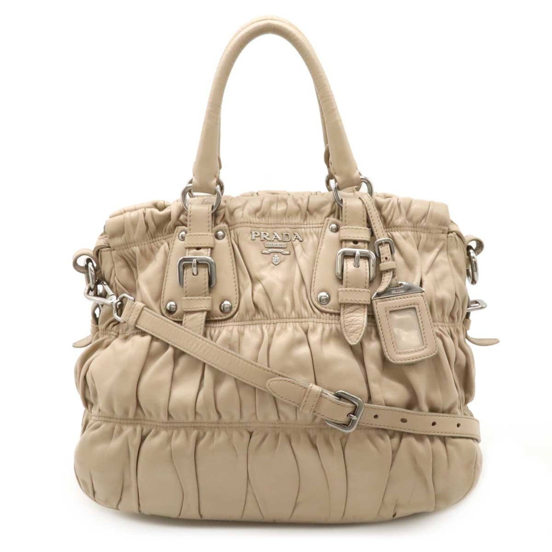 PRADA Gathered Tote Bag Handbag Shoulder Leather Pink Beige BN1336