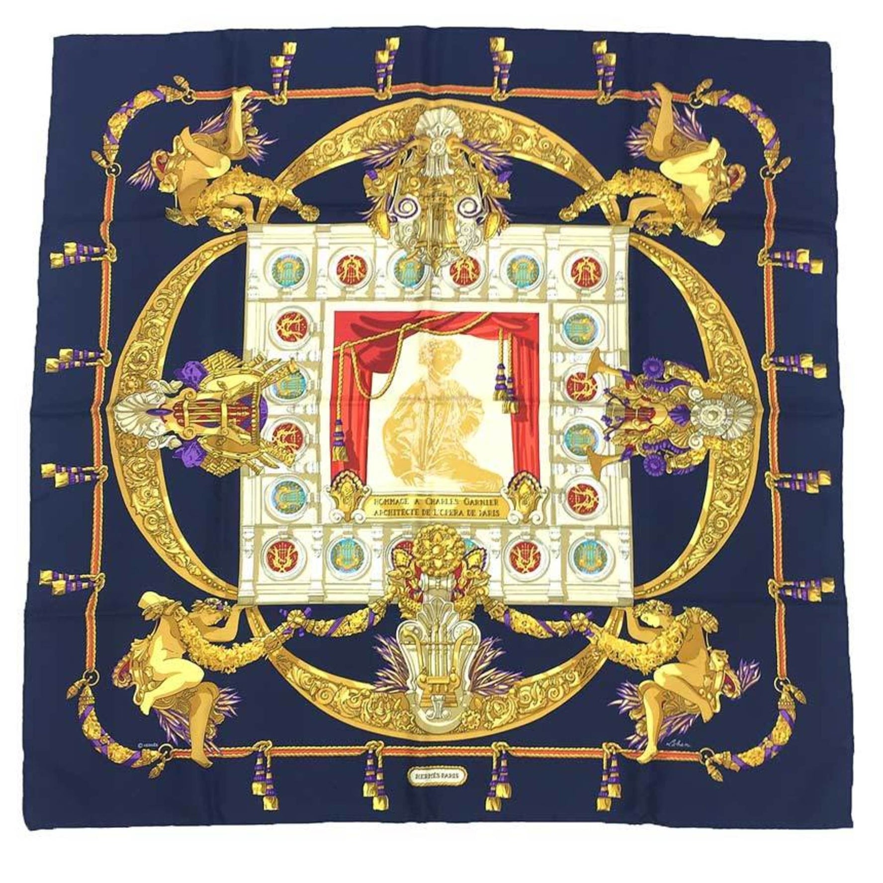 HERMES Carré 90 Scarf/Muffler, Hommage a Charles Garnier, Tribute to 100% Silk