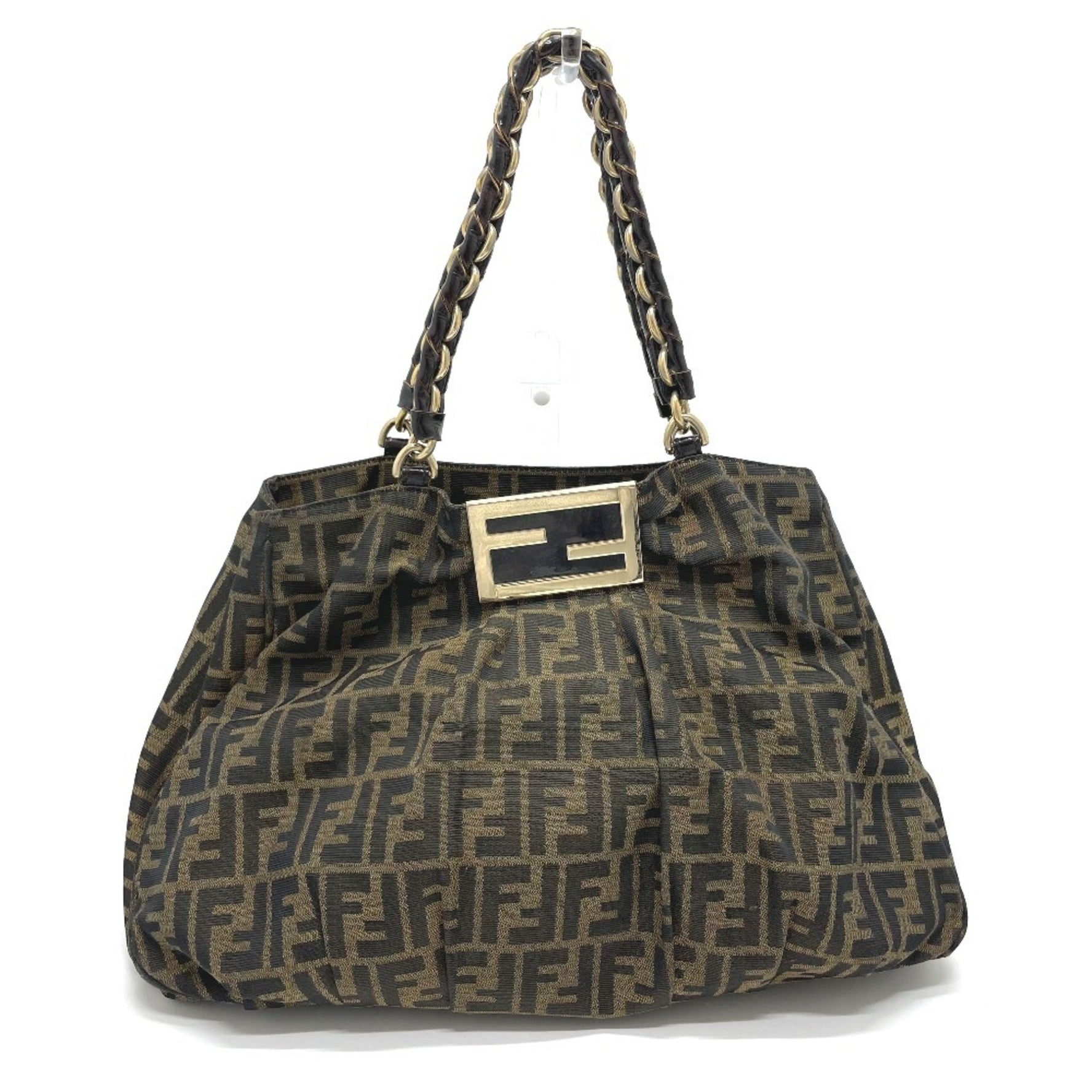 FENDI Zucca Mia Chain Tote Bag in Canvas/Leather, Brown and Black