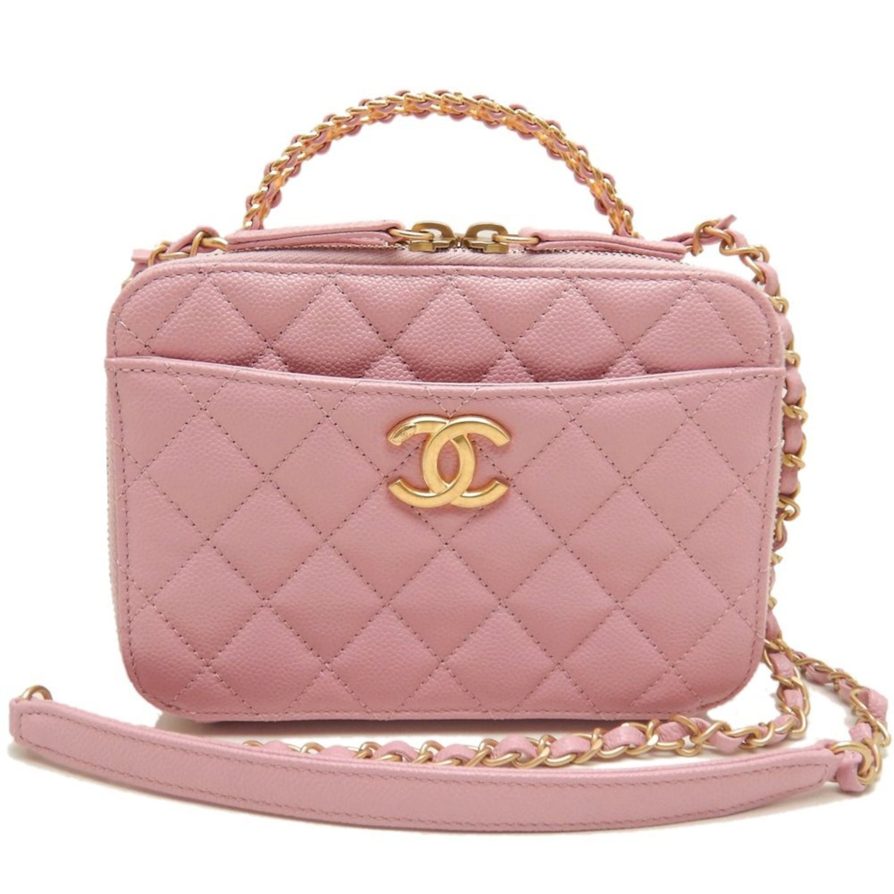 CHANEL Vanity Bag AS3221 Shoulder Matelasse Caviar Skin Coral Pink