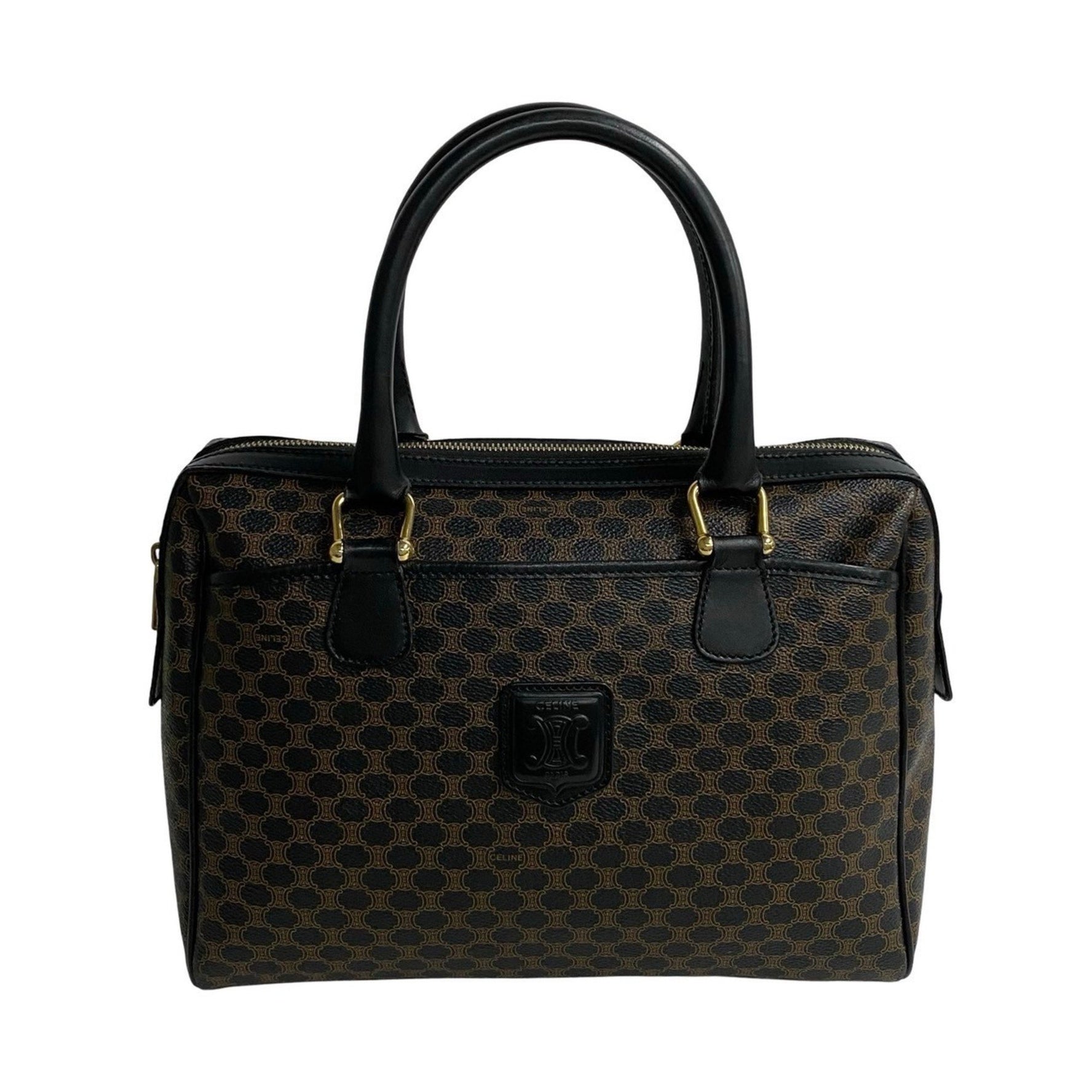 CELINE Vintage Macadam Blason Triomphe Leather Handbag/Mini Boston Bag, Brown, 914-5