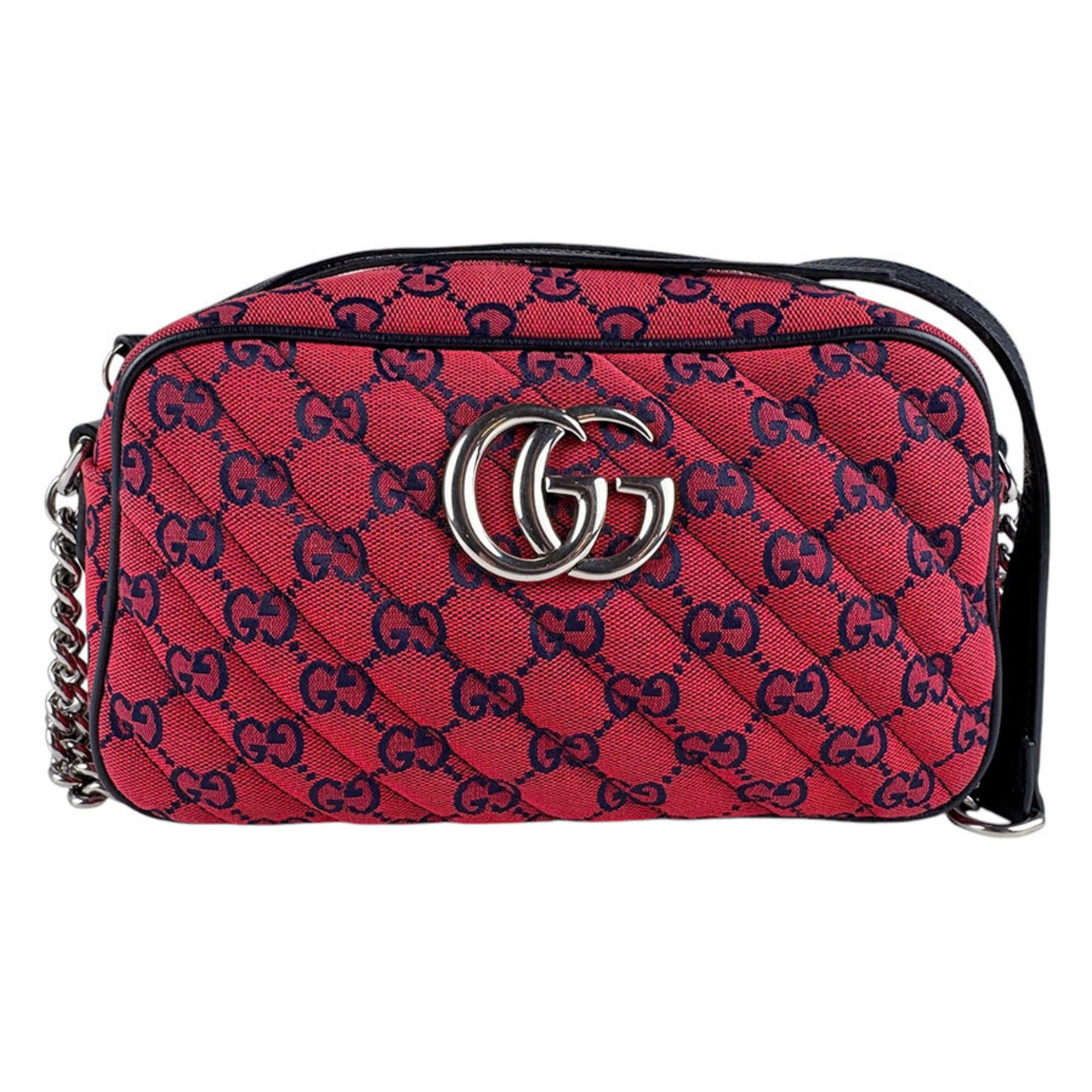 GUCCI Shoulder Bag GG Marmont Canvas Leather Red x Navy