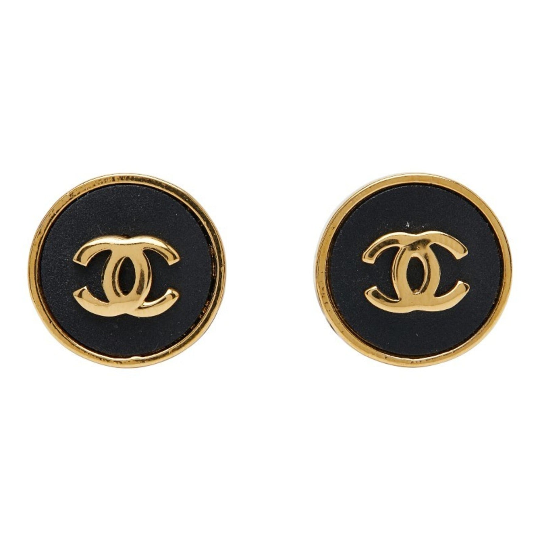Chanel Coco Mark Round Earrings in Gold and Black Plated Leather