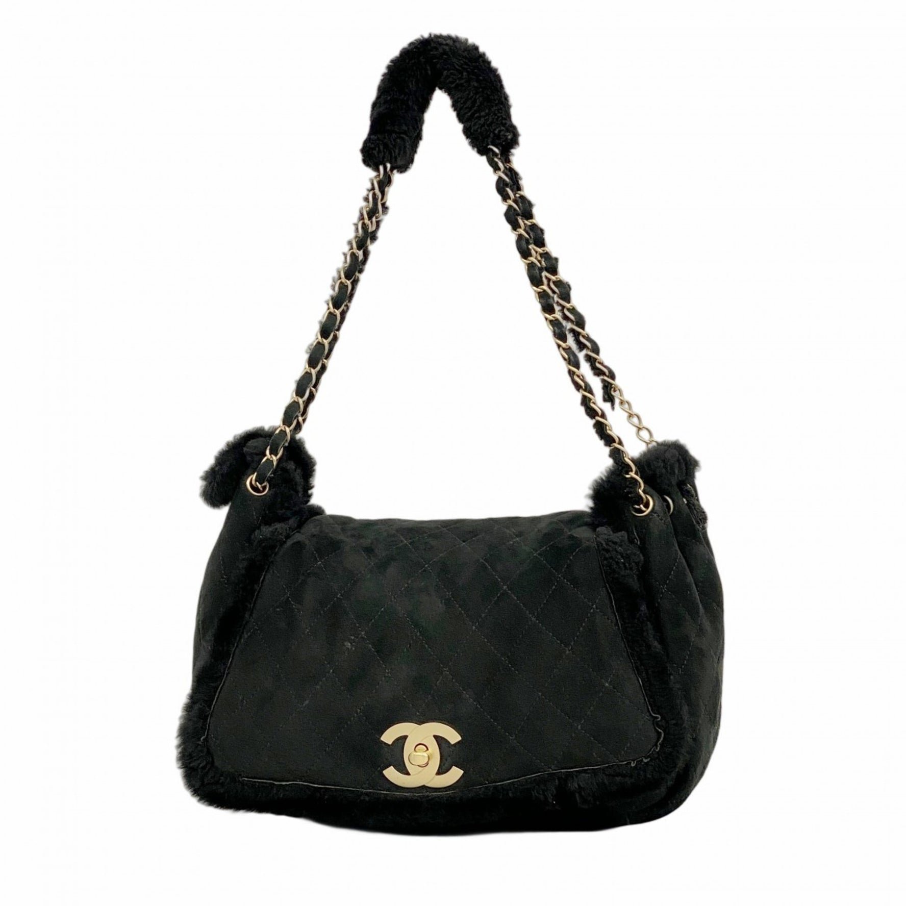 Chanel Matelasse Shoulder Bag, Chain Mouton, Black, Champagne, Women's