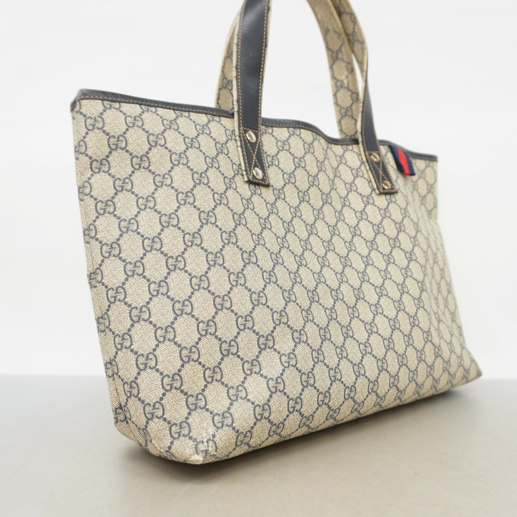 Gucci Tote Bag GG Supreme Sherry Line Beige Navy Women's