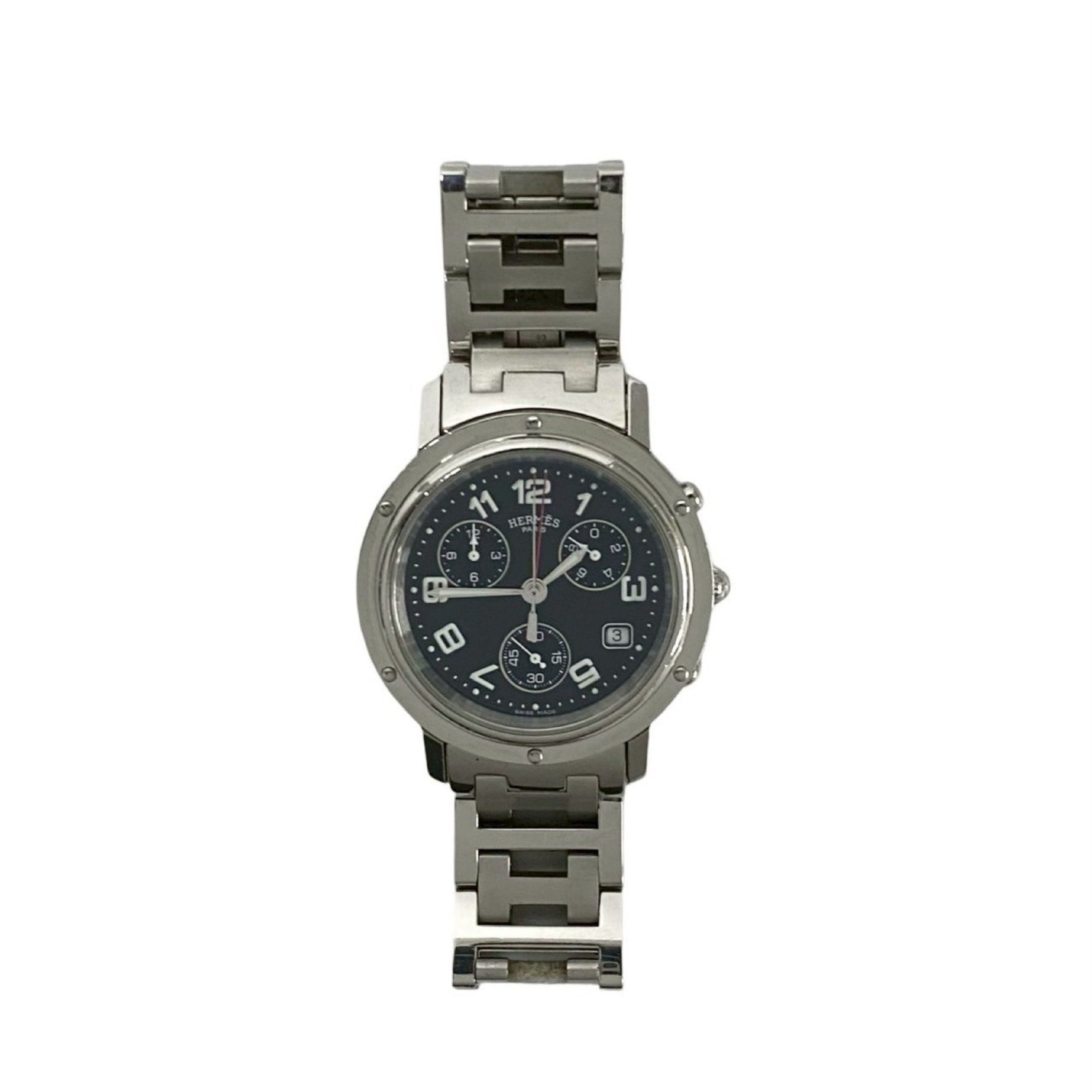 HERMES Clipper Stainless Steel Quartz Watch for Men, Silver and Black,