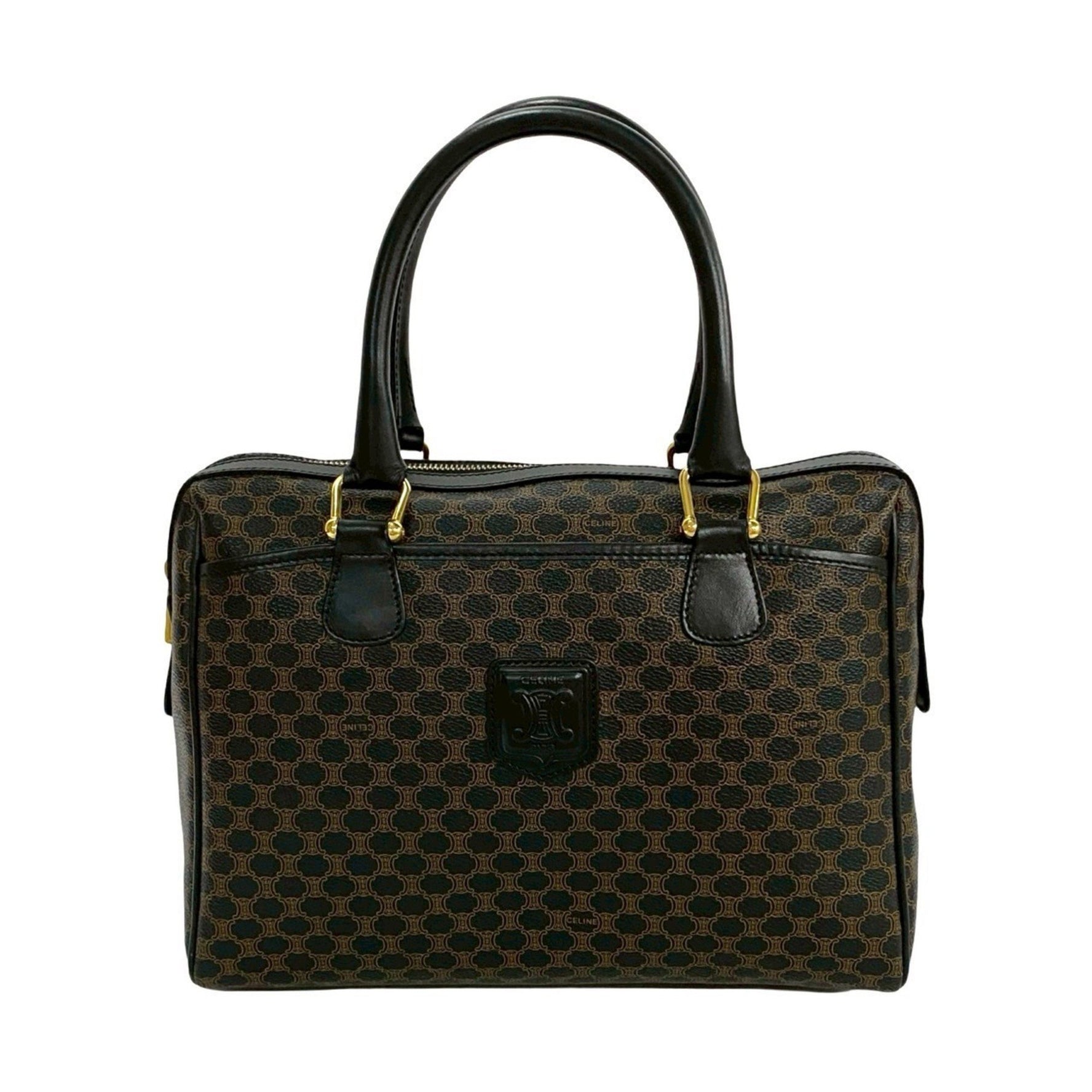 CELINE Macadam Blason Triomphe Logo Leather Boston Bag Handbag Black Brown