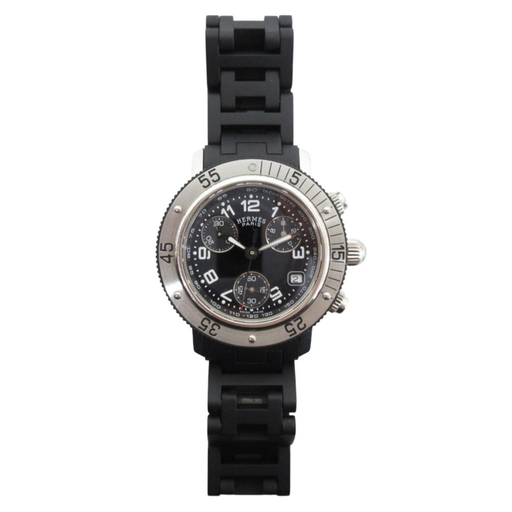 HERMES Clipper Diver Chronograph Quartz Watch CL2.315 Black Silver Women's