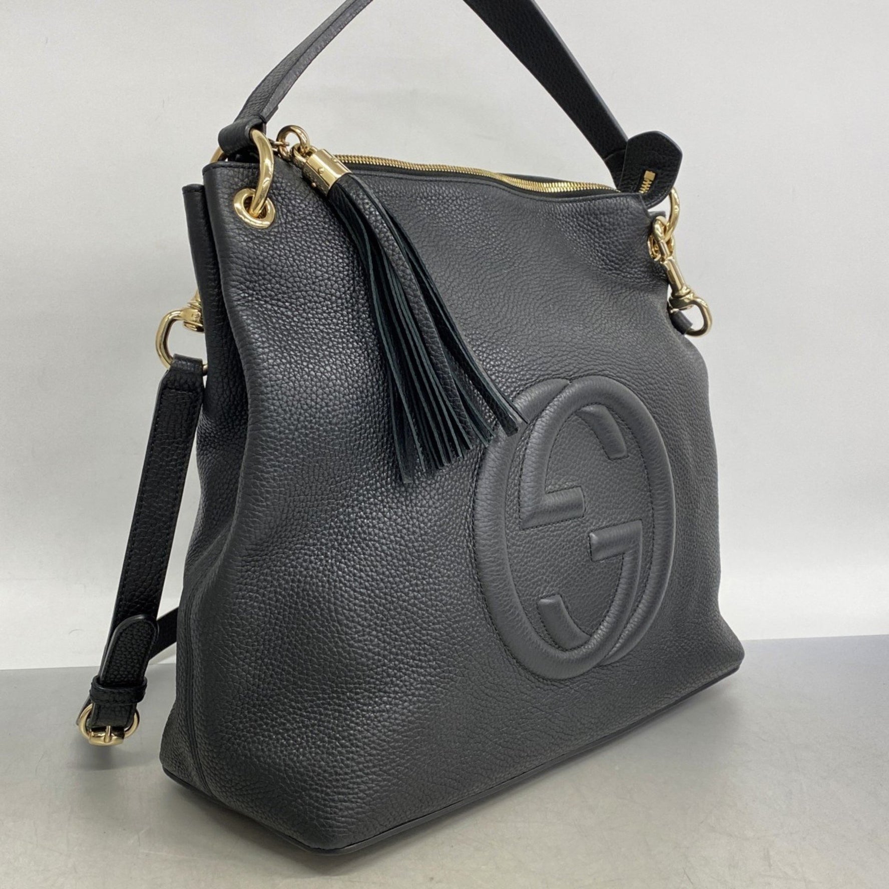 Gucci Soho Shoulder Bag Leather Black Champagne Women's P1160454