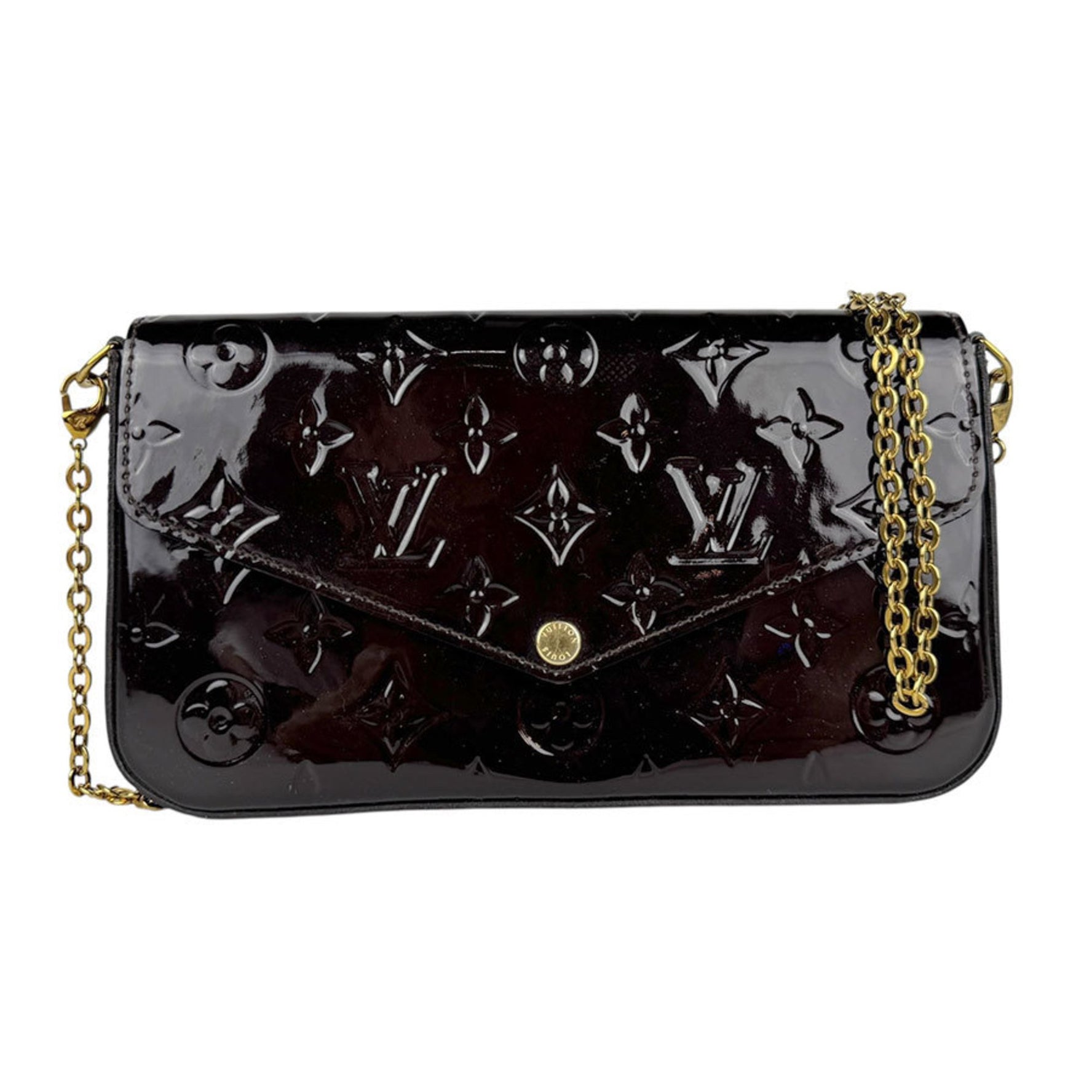 Louis Vuitton Monogram Vernis Pochette Felicie Shoulder Bag with Chain Wallet in Amaranth and Gold Patent Leather