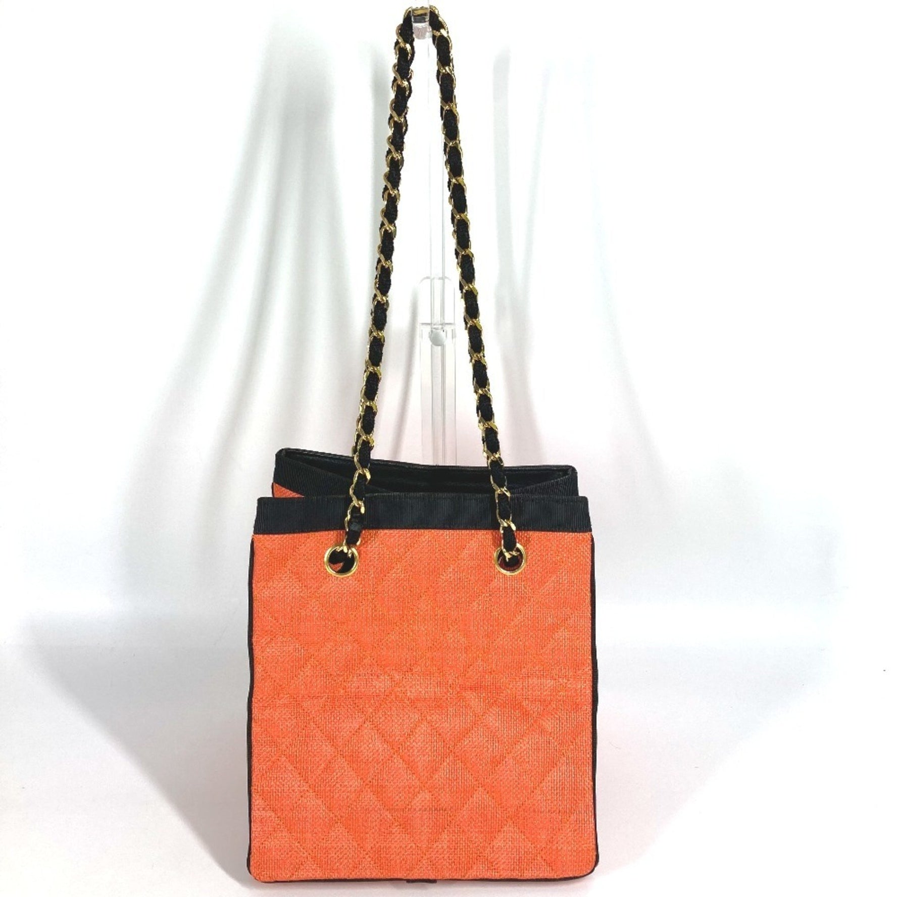 CHANEL Matelasse Quilted Double Chain Tote Bag, Two-Tone Straw/Leather Shoulder Orange
