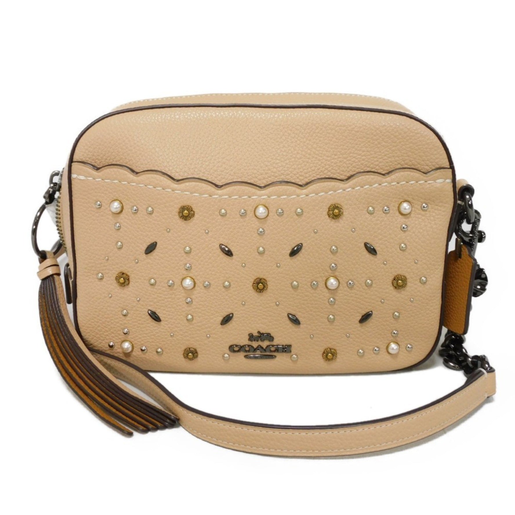 COACH Shoulder Bag Prairie Rivet Camera Studs Pebbled Pink Beige Metal Beechwood Women's