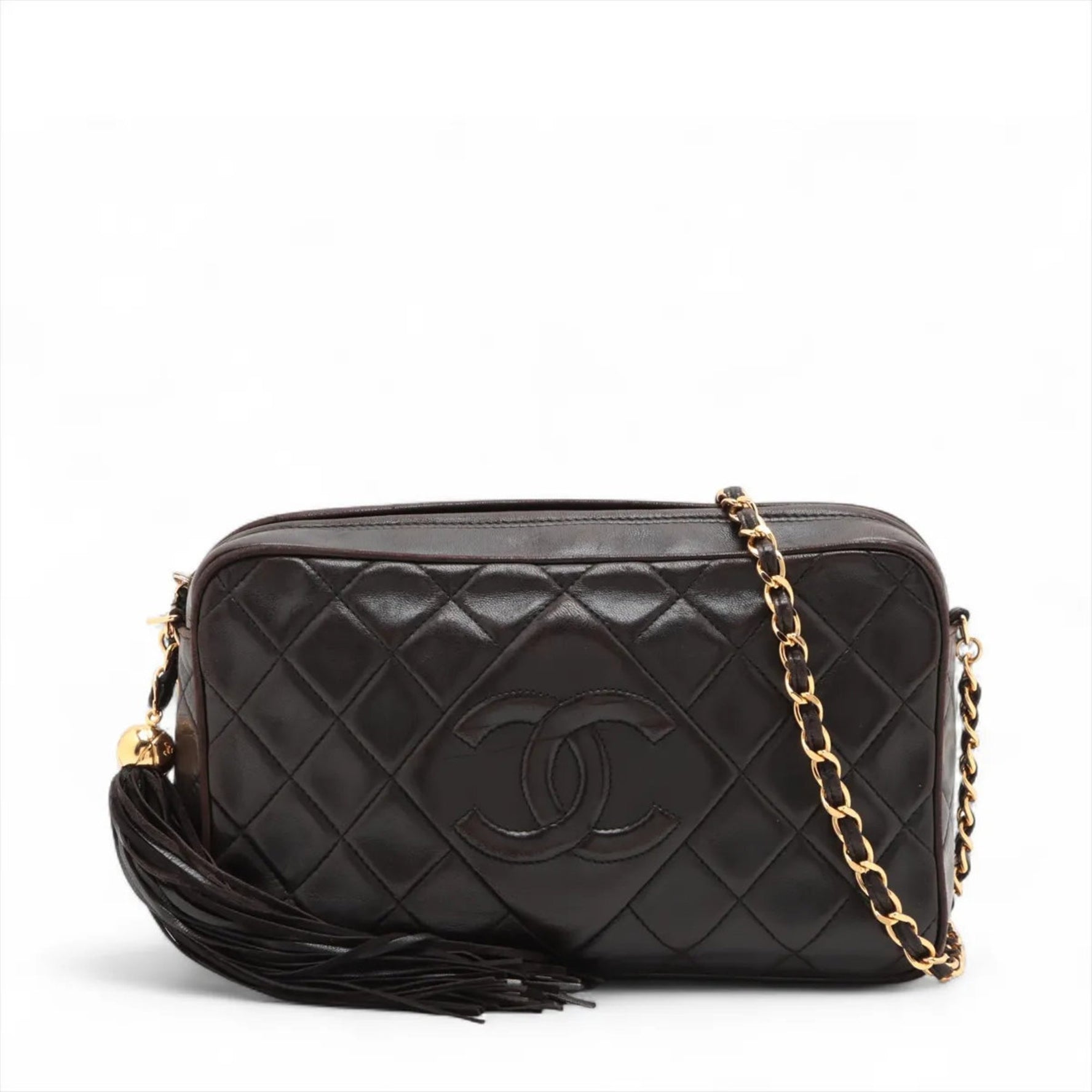 Chanel Matelassé Lambskin Leather Chain Shoulder Bag with Serial Number, Genuine Leather, Black, Women's