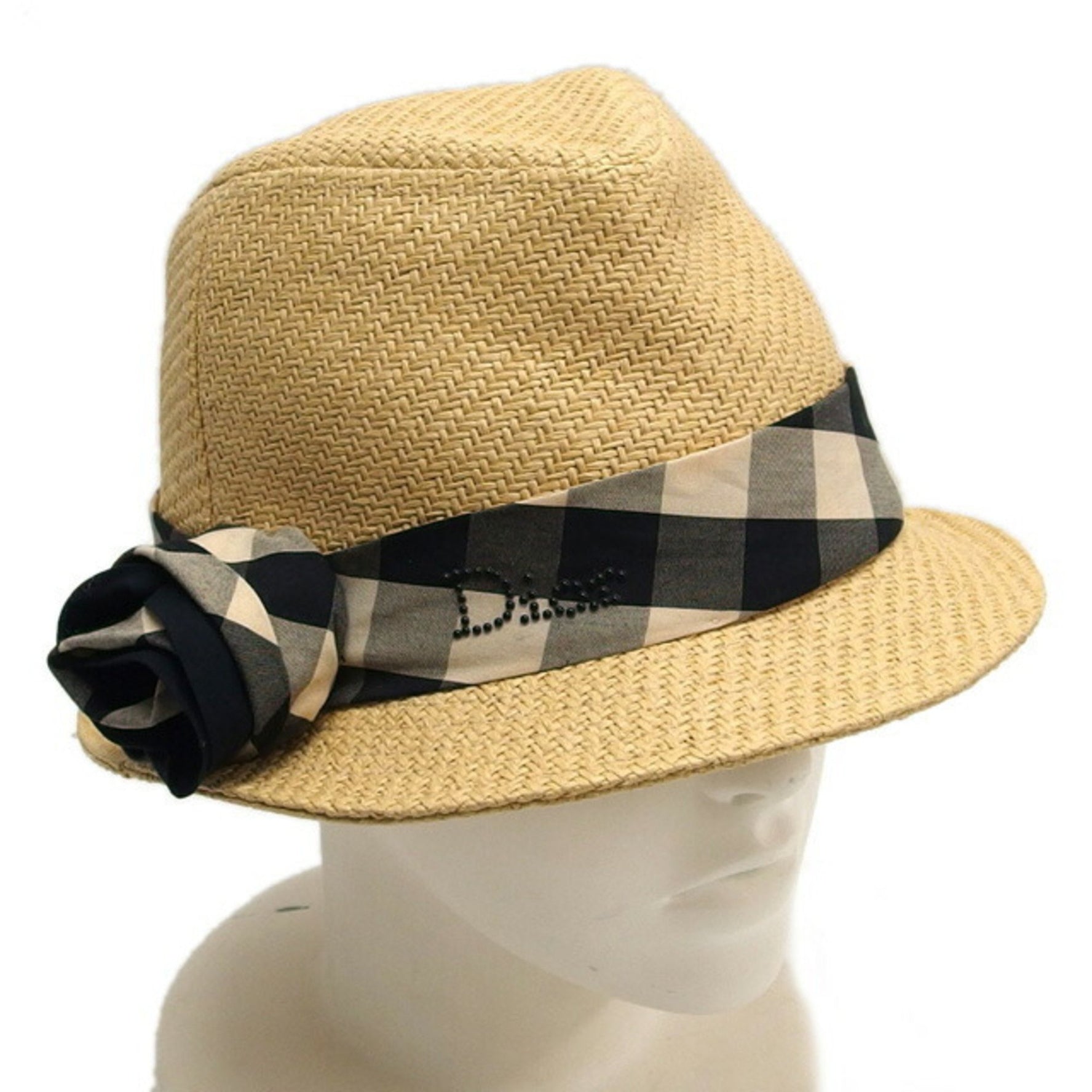 Christian Dior Check Ribbon Panama Hat, Size