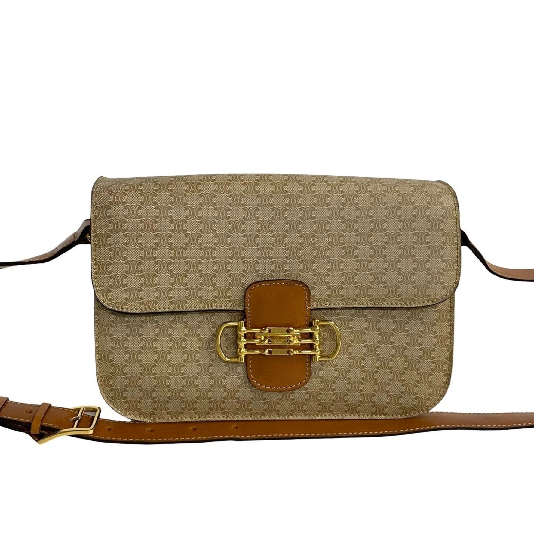 CELINE Macadam Blason Pattern Leather Shoulder Bag/Pochette in Beige and Brown (201-3)