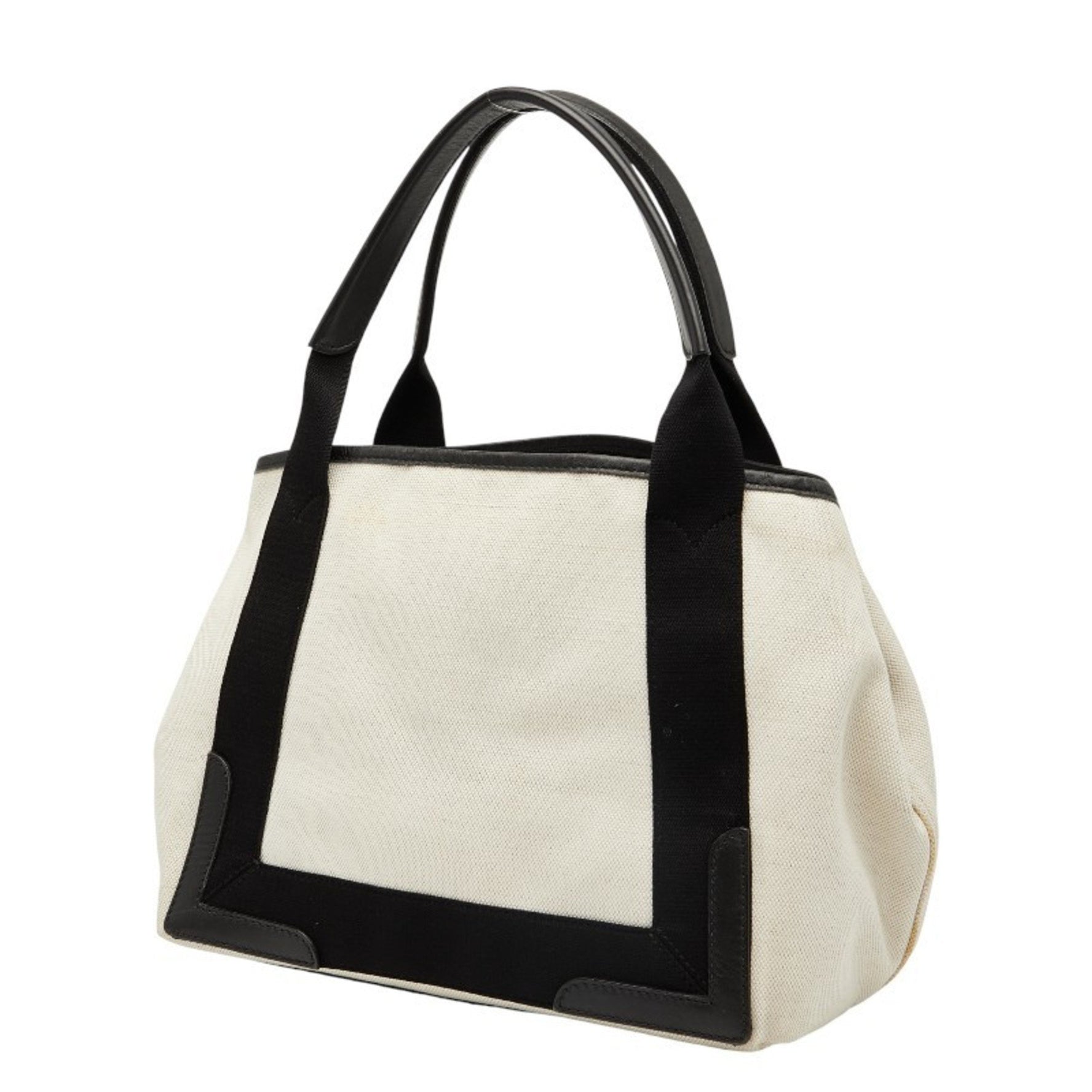 Balenciaga Navy Cabas Small Handbag in Beige and Black Canvas Leather.