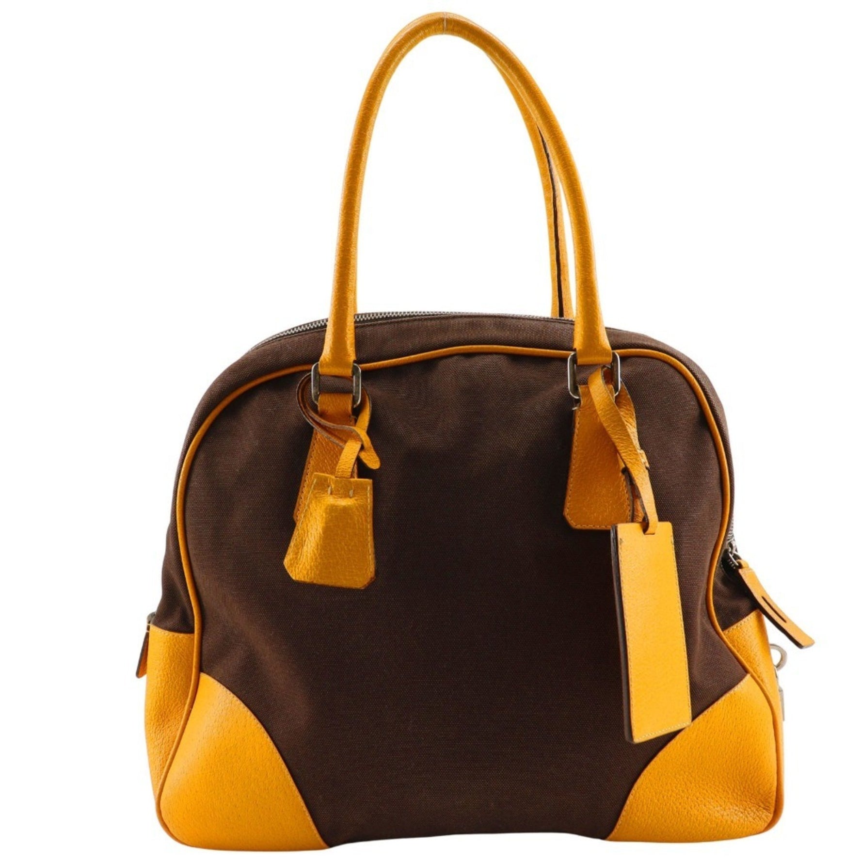 PRADA Mini Boston Tote Bag Canvas Brown A5 Women's