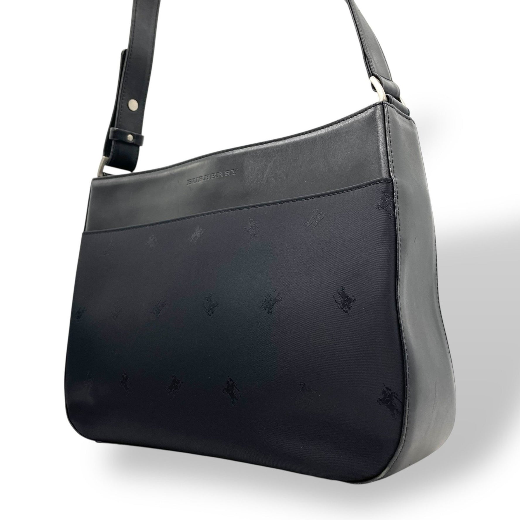 BURBERRY Shadow Horse Equestrian Knight shoulder bag, black nylon and leather with silver hardware, women's D4