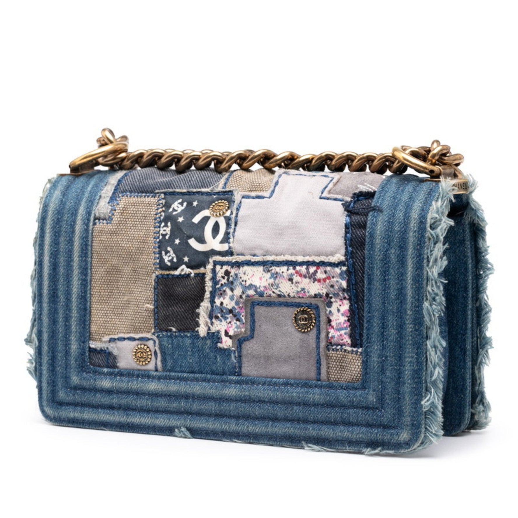 CHANEL Boy Patchwork Chain Shoulder Bag Blue Gold Denim