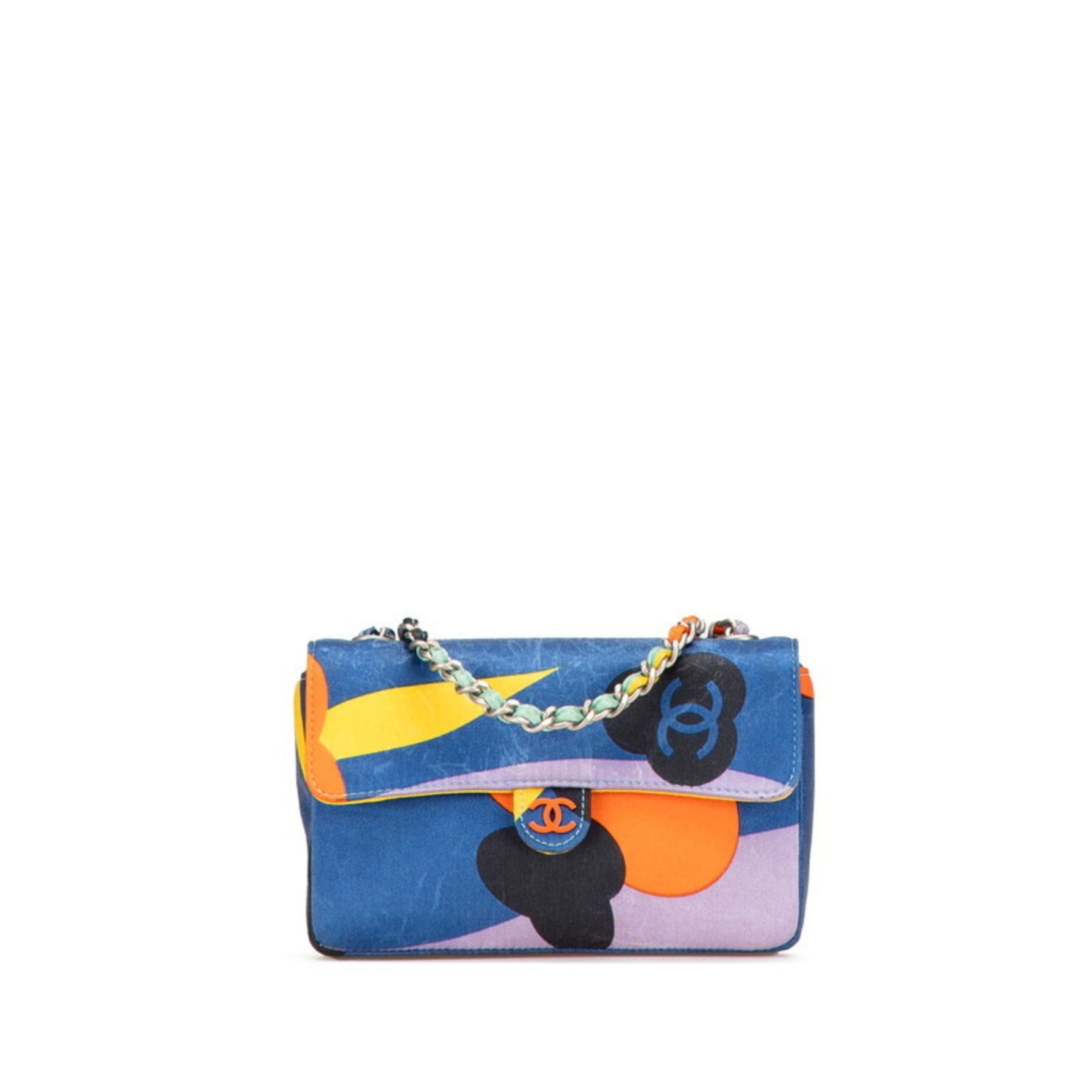 Chanel Coco Mark Print Mini Chain Shoulder Bag in Blue Multicolored Satin