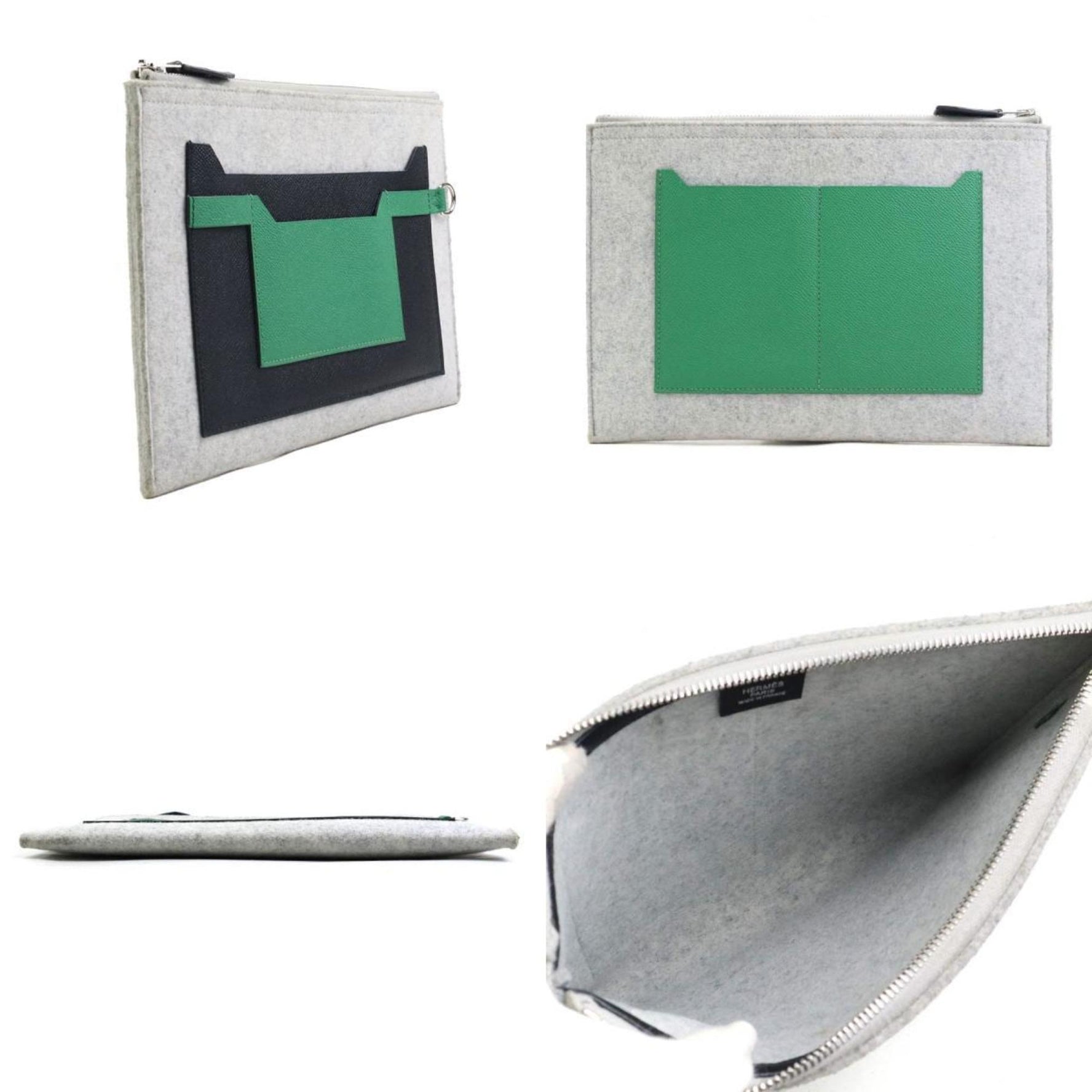 Hermes Hermès Toudeau clutch bag in felt and leather gray, black, green, silver.