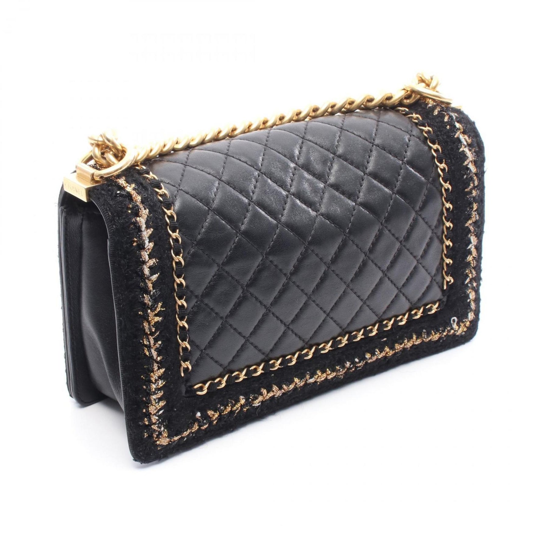 CHANEL Boy Large Matelasse Shoulder Bag in Lambskin Fabric, Black/Gold