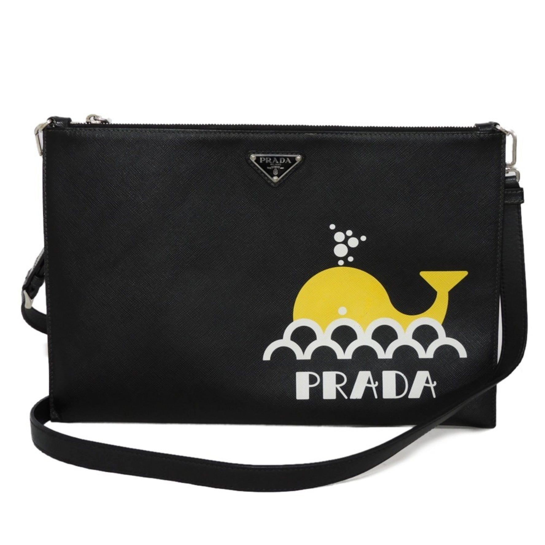 PRADA Shoulder Bag Whale Print Clutch Saffiano Triangle Black 2VH073 2BOV F0C5Z Men's Women's