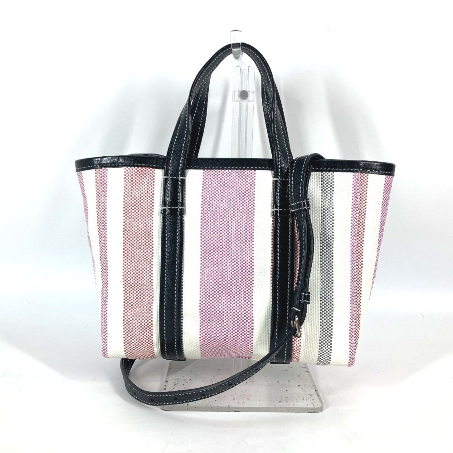 BALENCIAGA Striped BARBES SMALL Shoulder Bag, Tote Handbag, Leather/Raffia, Pink