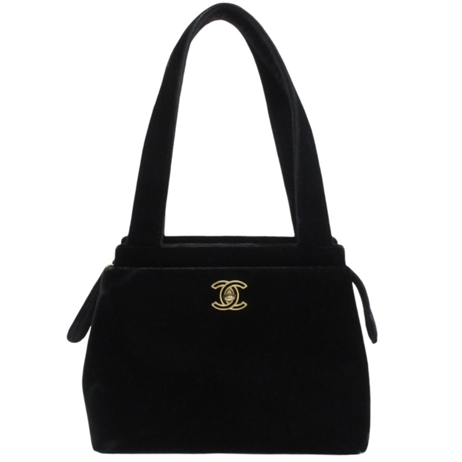 CHANEL 1998 Rare Model Coco Mark Turnlock Metal Fittings Velvet Handbag Black