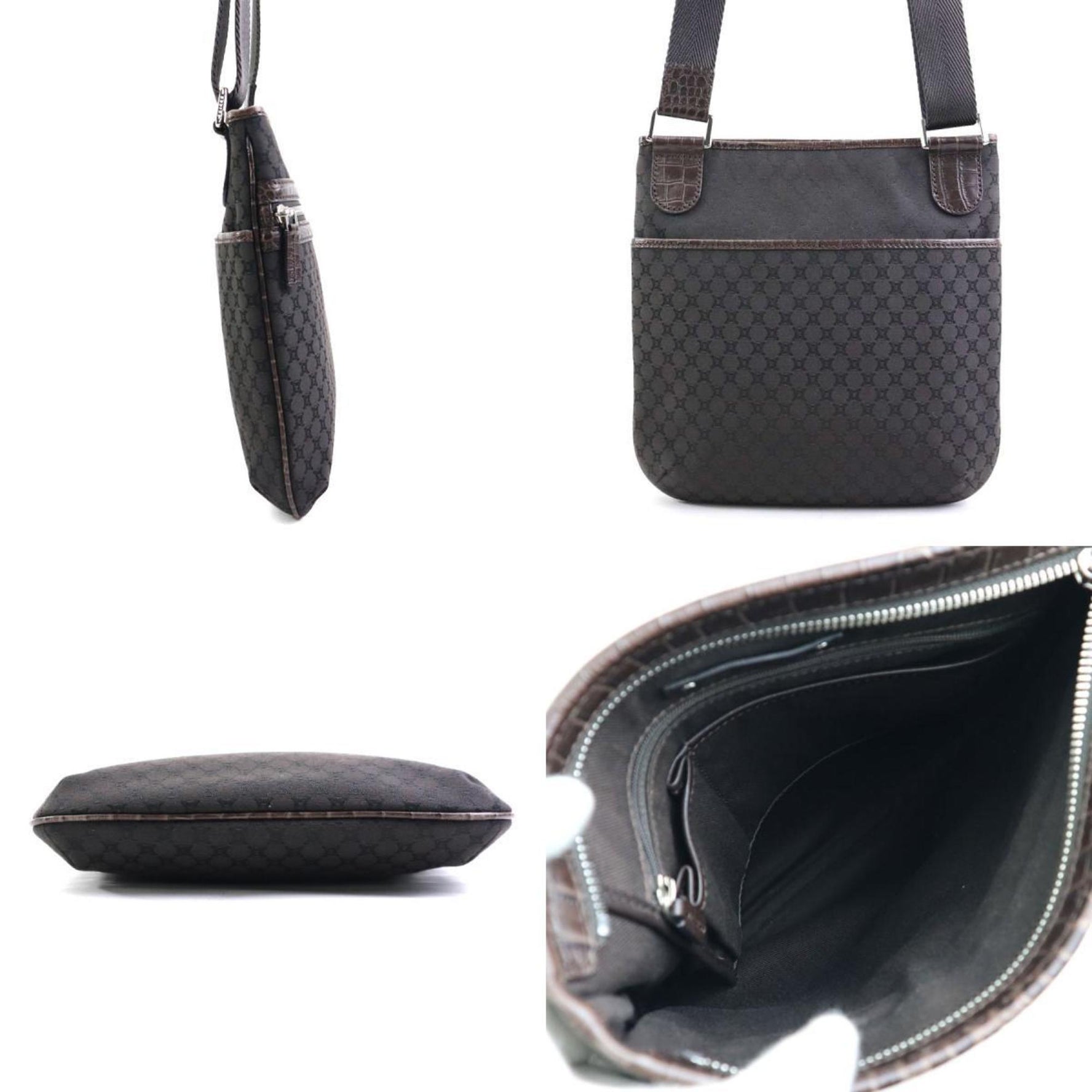 CELINE Shoulder Bag Macadam Canvas Embossed Leather Dark Brown Silver Men's