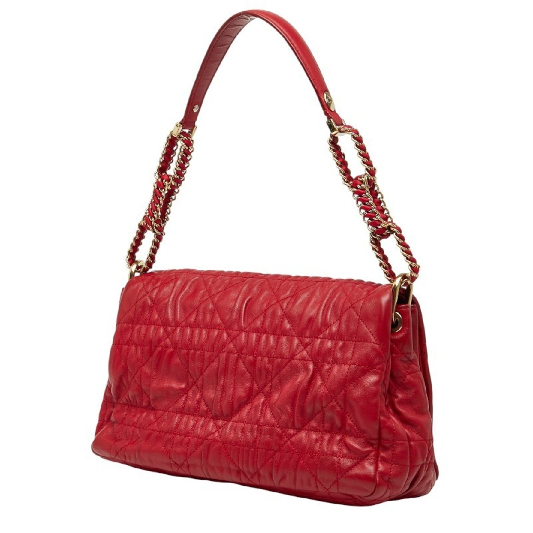 Christian Dior Dior Cannage Chain Shoulder Bag Handbag Red Leather