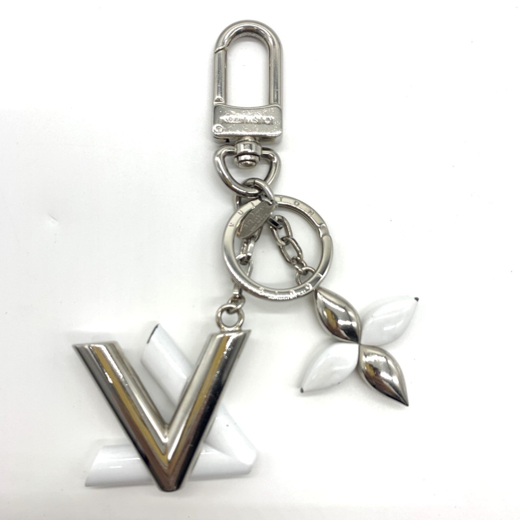Louis Vuitton Keyring Monogram Flower Twist Keychain White x Silver